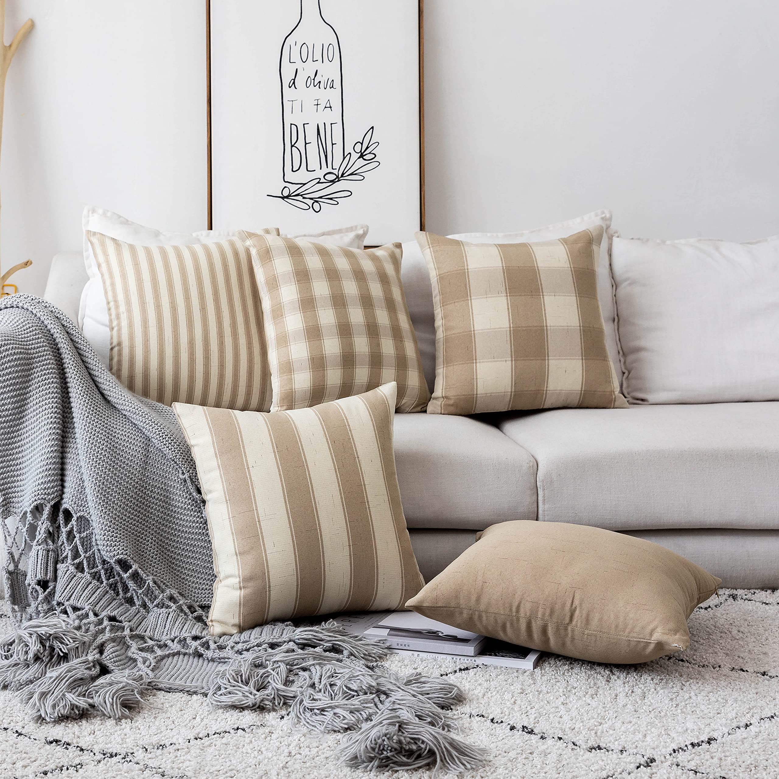 Rustic Farmhouse Striped Linen Throw Pillow Covers Set of 5 - 18x18 Inch (45cm) Decorative Cushion Covers for Sofa, Couch & Bed - Textured Burlap Pillow Cases in Oatmeal Color for Cozy Home Decor