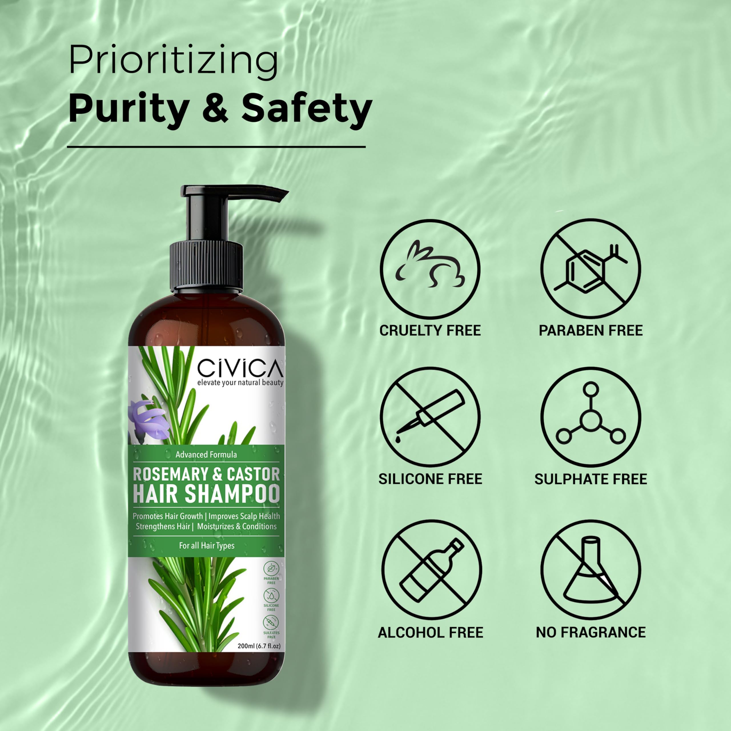 **CIVICA Rosemary & Castor Seed Anti-Hairfall Shampoo for Men & Women – Strengthens, Nourishes & Promotes Hair Growth, Improves Scalp Health with Rosemary Leaves & Castor Oil (200ml) – Ideal for Daily Use & Thinning Hair Care**