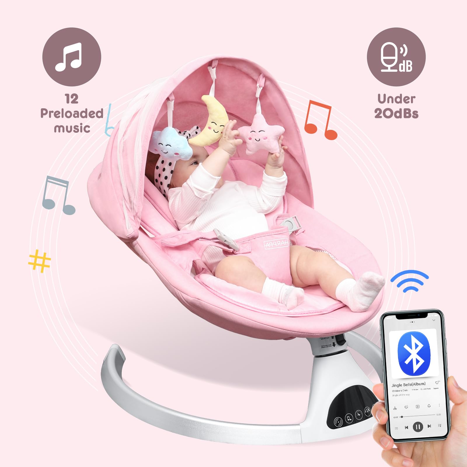 HARPPA Electric Baby Swing for Infants & Toddlers - Portable Motorized Bluetooth Baby Swing with 12 Lullabies & Music Speaker - Newborn Swing for Boys & Girls (Pink) - Perfect for Nursery, Travel & Soothing Fussy Babies