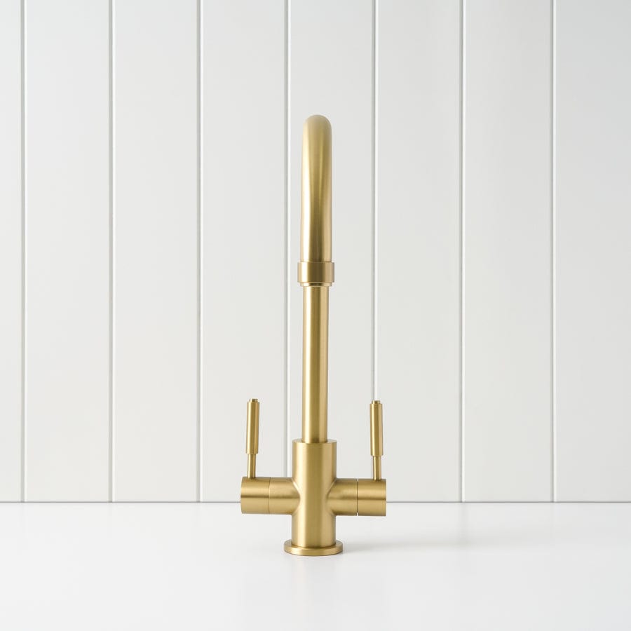 Premium Brushed Brass Melbourne Twin Tap Kitchen Mixer - Modern Two-Handle Faucet for Sink, Perfect for Home Kitchen & Bar Renovation