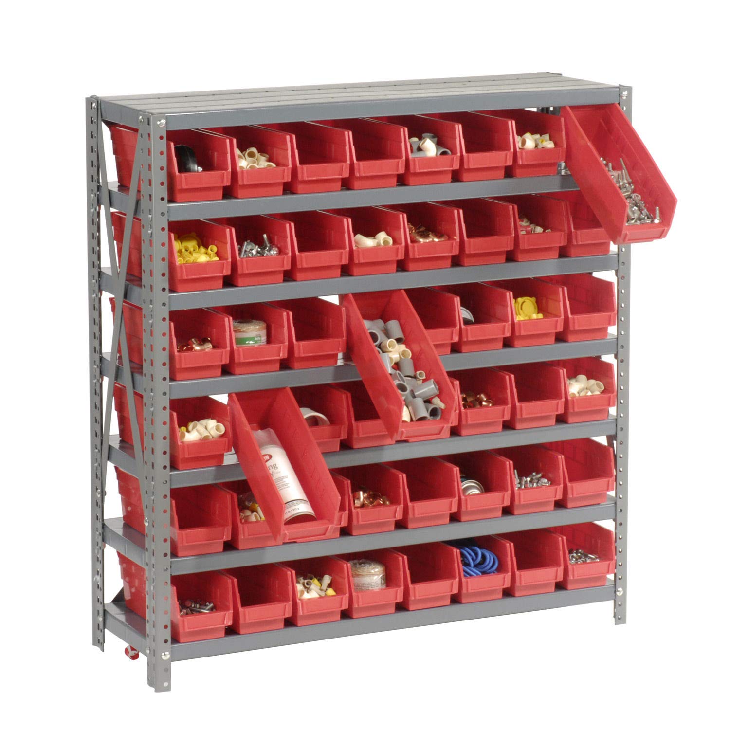 Heavy Duty 7-Tier Steel Shelving Unit with 48 Plastic Bins - 36