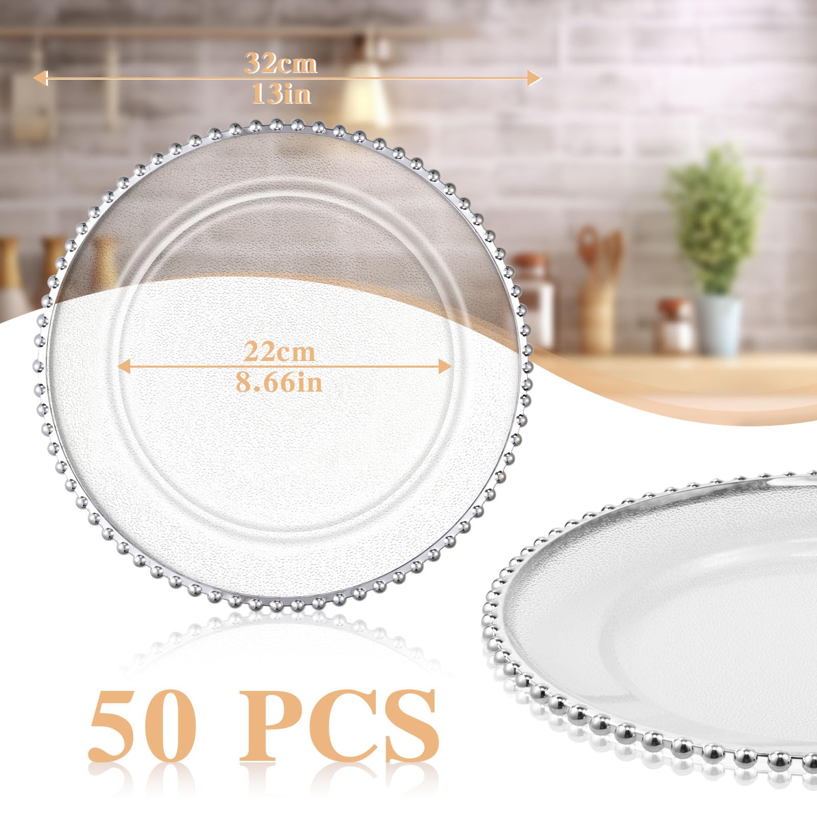 Hoolerry 50 Pack 13 Inch Clear Plastic Charger Plates - Round Beaded Acrylic Frosted Grain Decorative Dinner Plates for Wedding, Party, Event - Bulk Disposable Tableware for Home Kitchen & Tabletop (Silver) | Elegant Place Settings for Formal Dining & Special Occasions