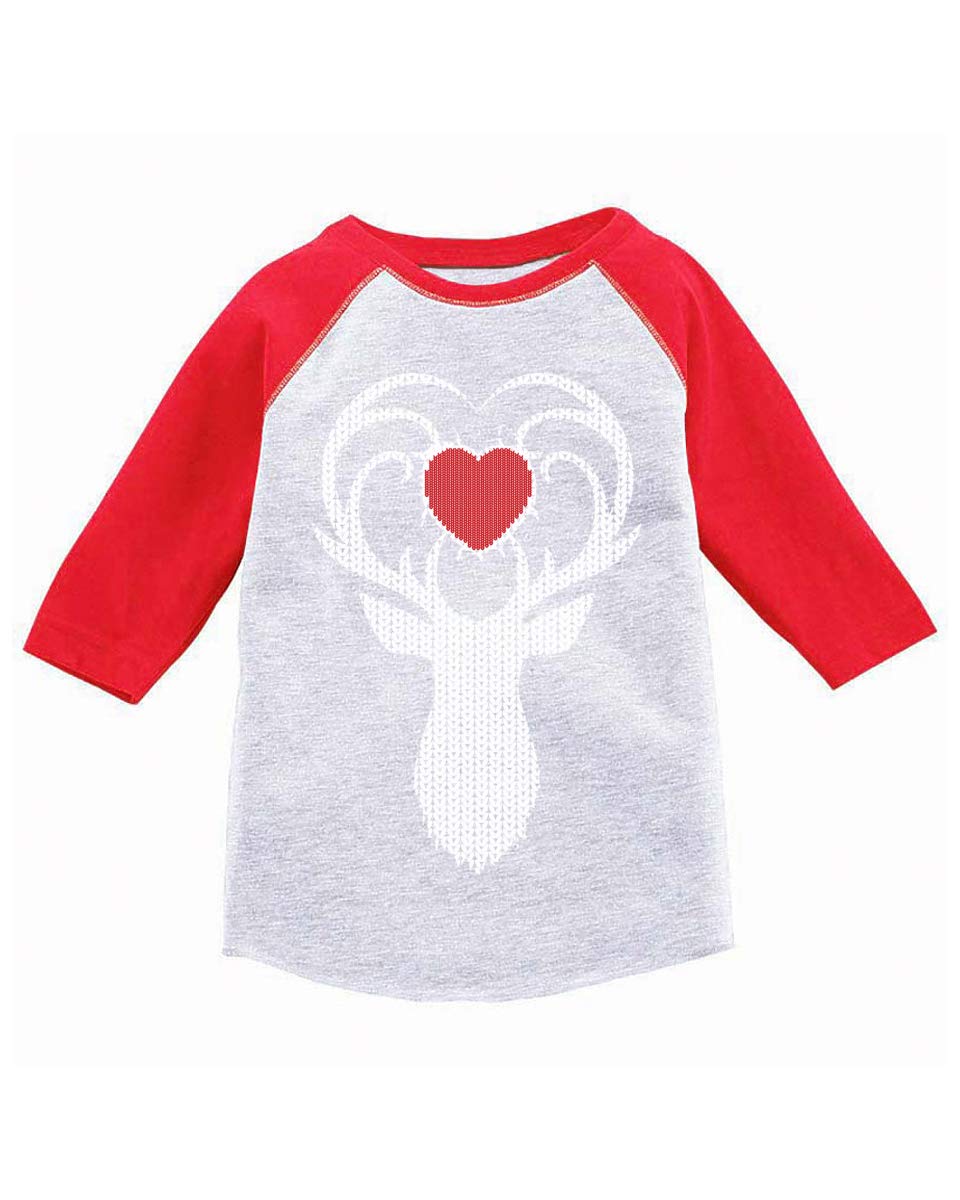 Awkward Styles Ugly Christmas T-Shirt for Girls & Boys - Festive White Deer & Heart Design - Cozy Toddler Raglan Shirt for Holiday Parties & Family Photos