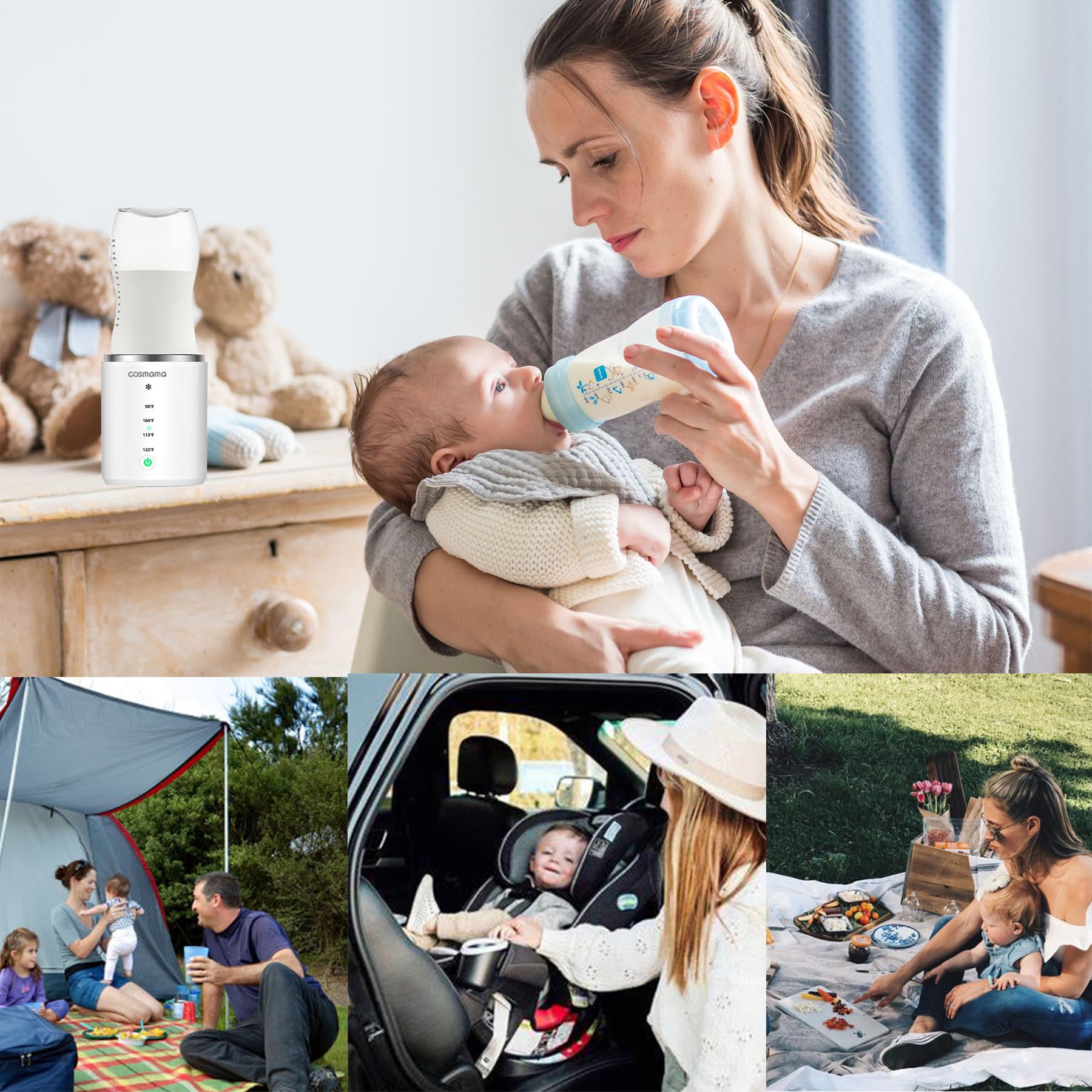 Portable Baby Bottle Warmer for Travel - Rechargeable Breast Milk & Formula Warmer with 4 Adapters & Precise Temperature Control | Perfect for On-the-Go Parents, Daycare, Road Trips & Airplane Travel