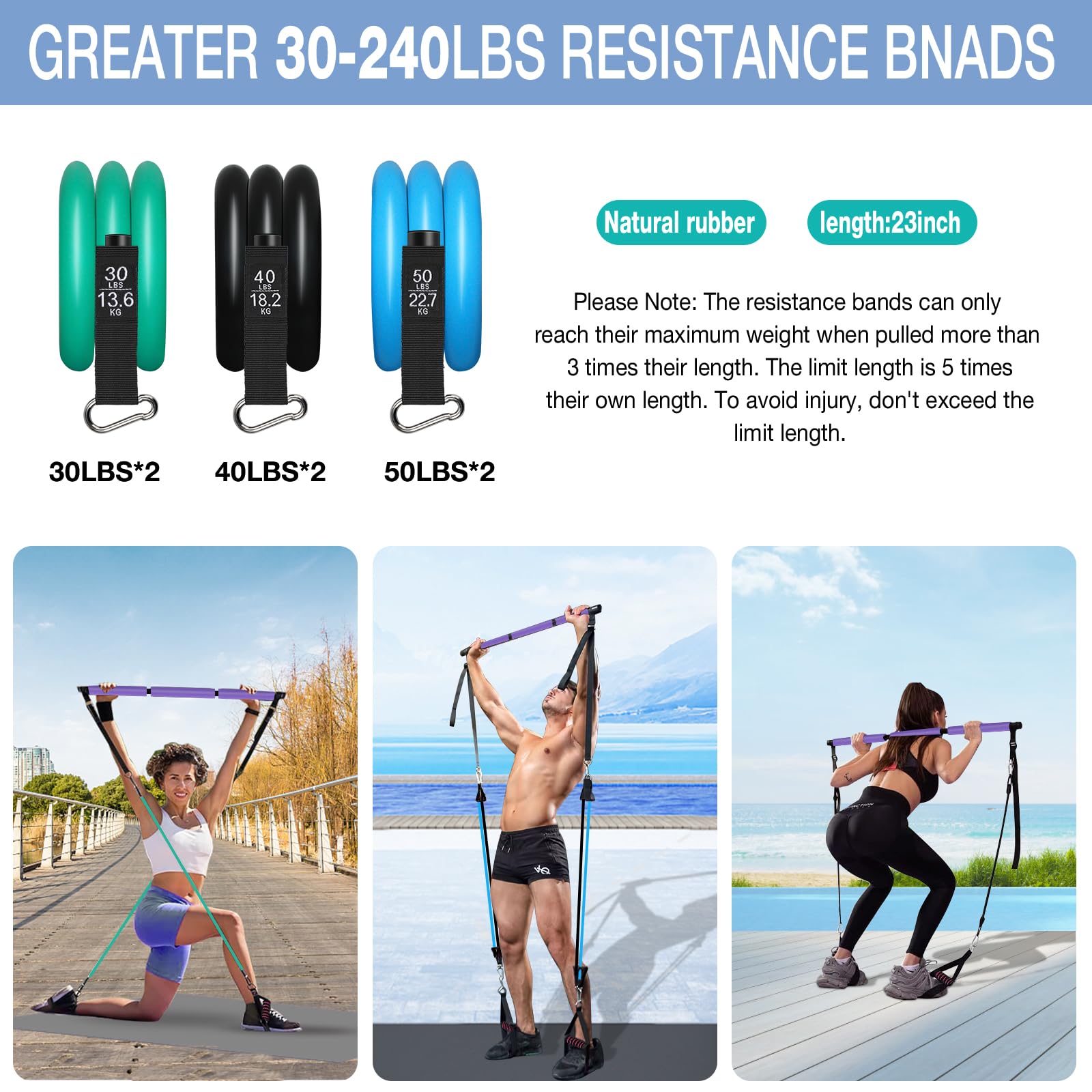 Pilates Bar Kit with 6 Resistance Bands - Yoga Exercise Bar with AB Roller - Portable Home Gym Equipment for Women & Men - Leg, Hip, Waist & Arm Workout - Perfect for Home Fitness, Yoga & Pilates Training