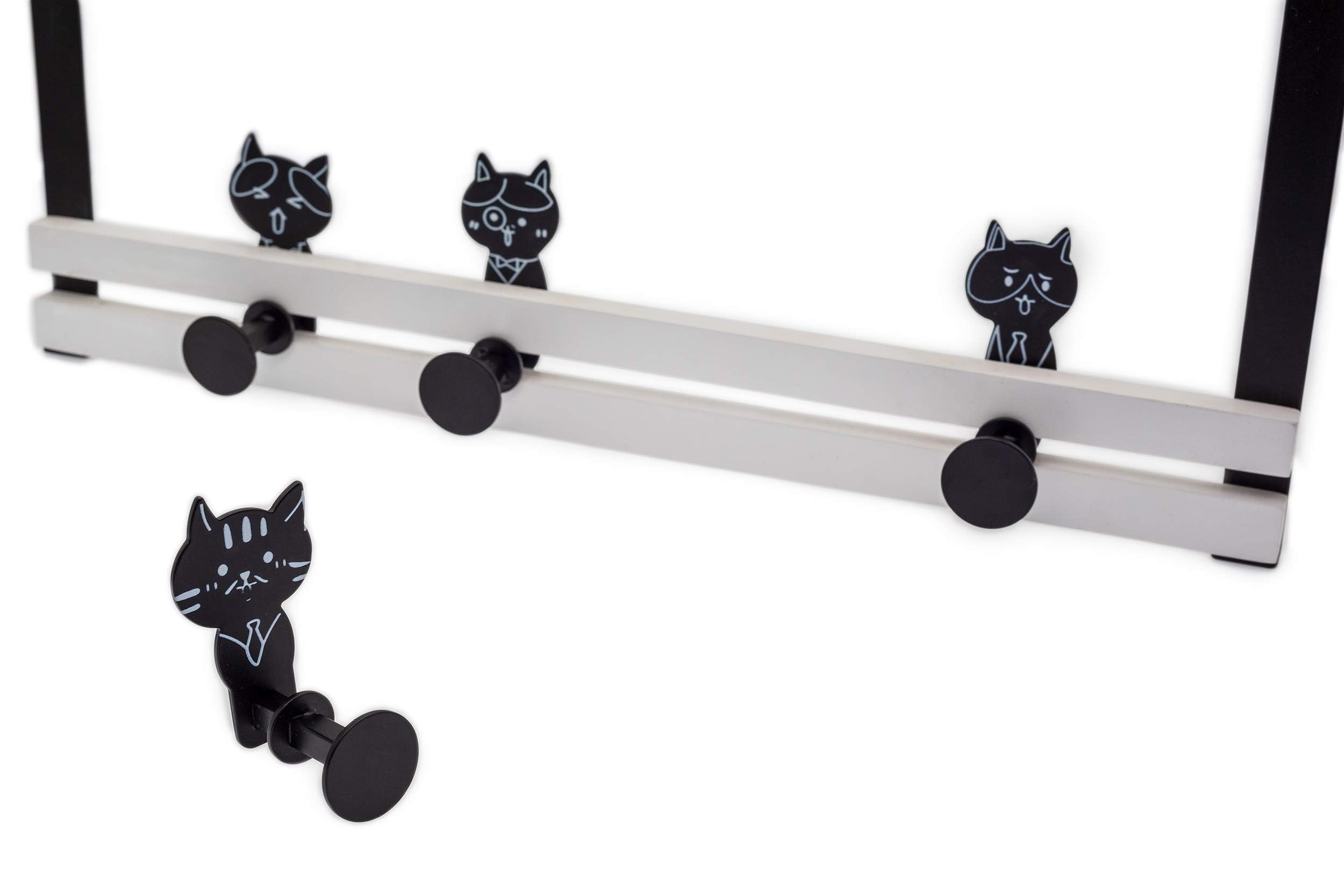 Creathome Over The Door Rail with 4 Peg Hooks - Black and White Cat Pattern for Hanging Coats, Hats & Bags | Space Saving Entryway Organizer for Bedroom, Bathroom & Closet