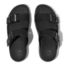 FitFlop Men's Gogh Moc Tumbled Leather Slide Sandals - All Black | Comfortable Slip-On Shoes for Men | Perfect for Casual Wear, Beach & Poolside Relaxation