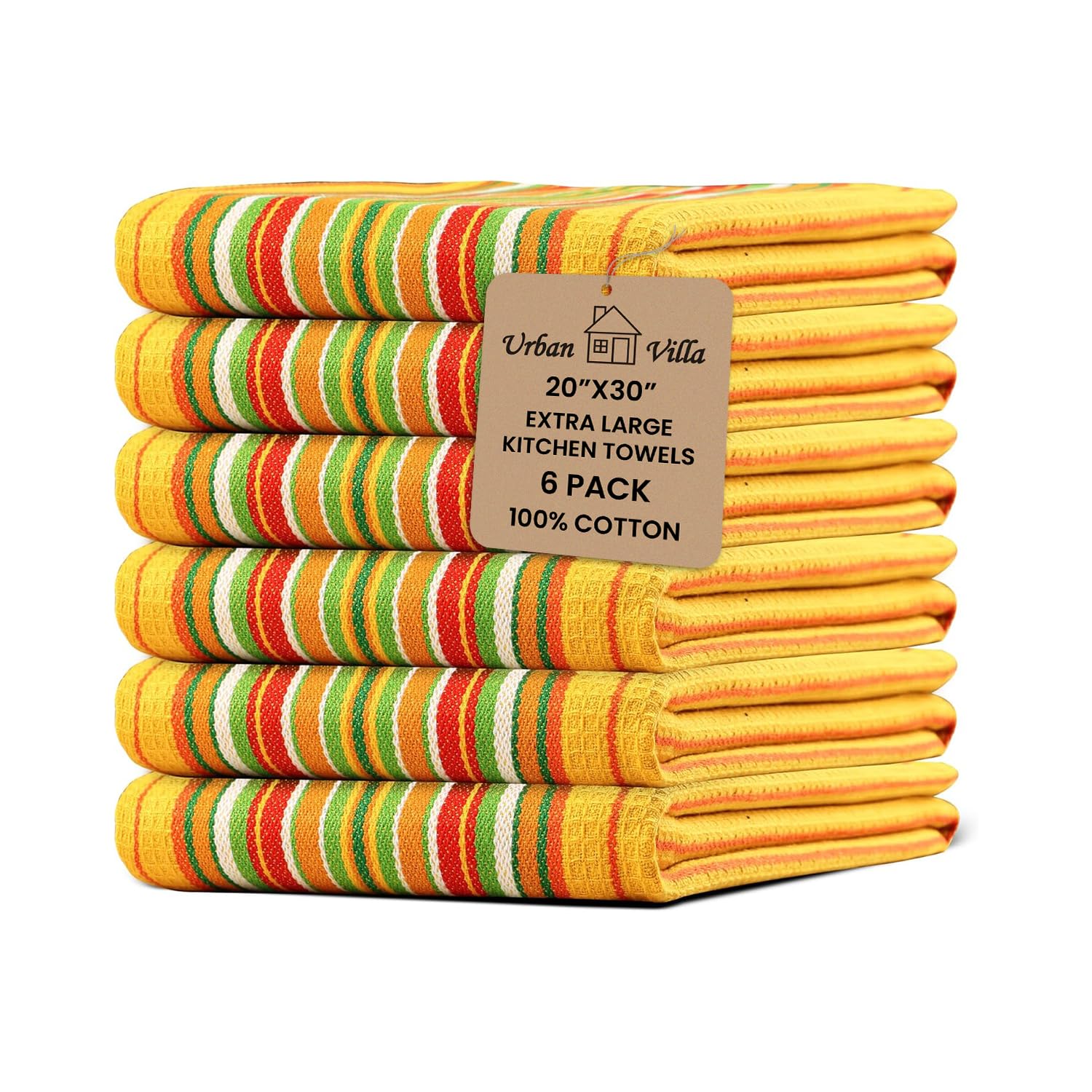 Urban Villa Mustard Waffle Stripes Kitchen Towels - Set of 6 Oversized 20x30 Inch 100% Cotton Highly Absorbent Dish Towels with Mitered Corners for Kitchen, Hand, and Tea Use
