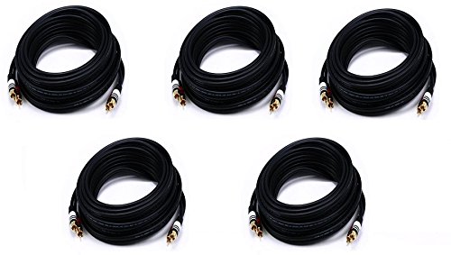 5-Pack Premium 2 RCA to 2 RCA Male/Male 22AWG Audio Cable - 50 Feet Black (CNE588797) - Perfect for Home Theater, Car Audio Systems & DJ Equipment