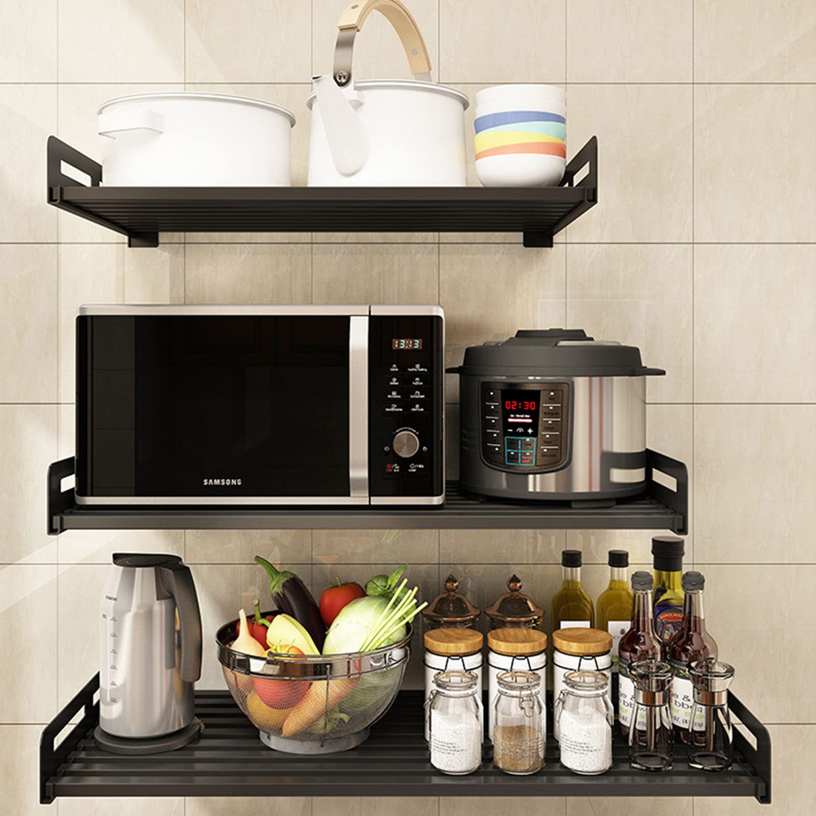 Wall-Mounted Microwave Shelf & Oven Rack - 50x30cm Space Saving Kitchen Organizer for Toaster, Utensils, Towels & Spices - Perfect for Small Kitchens, Apartments & Countertop Storage Solutions