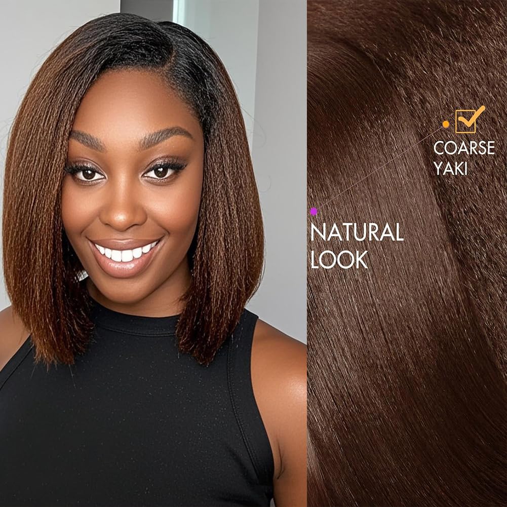 13x6 Yaki Straight Lace Front Wig - Ombre Brown Kinky Straight Short Bob Human Hair Wig for Women | Brazilian Virgin Yaki Human Hair | Blunt Cut Bob with Pre-Plucked Baby Hair (12 Inch) | Perfect for Daily Wear, Cosplay & Special Occasions