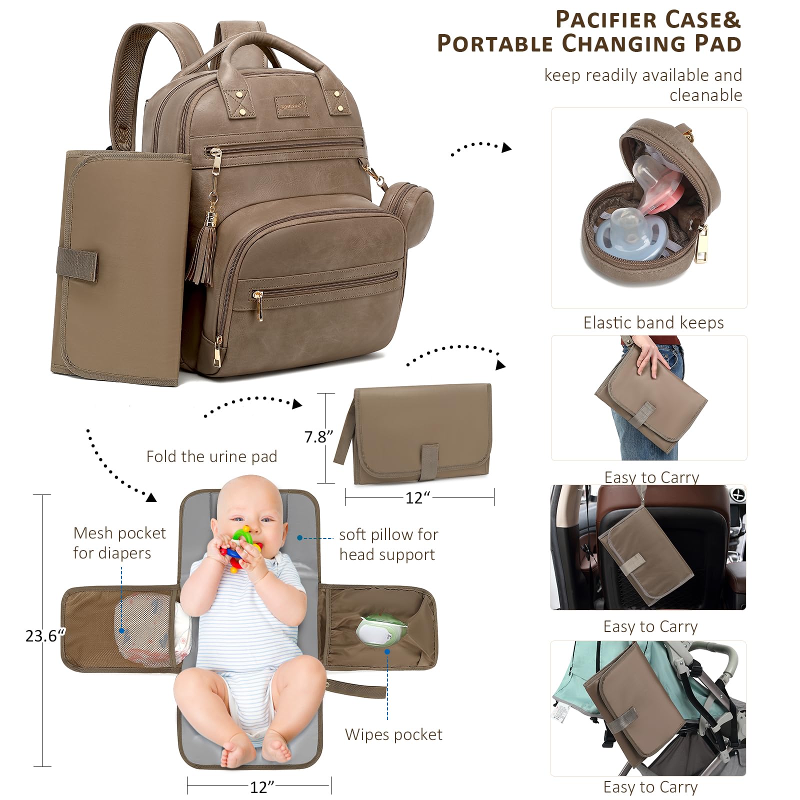 Premium Vegan Leather Diaper Bag Backpack - Waterproof Baby Changing Pad, 20 Pockets Organizer, Reinforced Zippers & Odor-Free, Fits 15.6