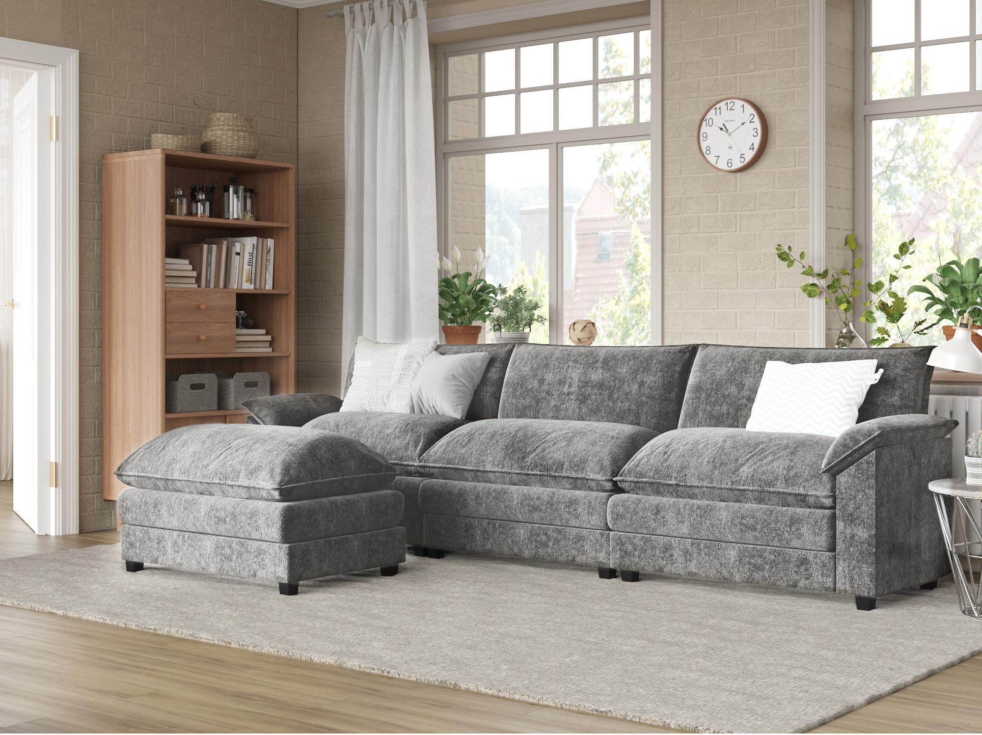 Furmax Modern L-Shaped Convertible Sofa Set with Ottoman - 4-Seat Modular Sectional Couch for Living Room & Apartment - Light Grey Fabric - Perfect for Small Spaces, Movie Nights & Family Gatherings