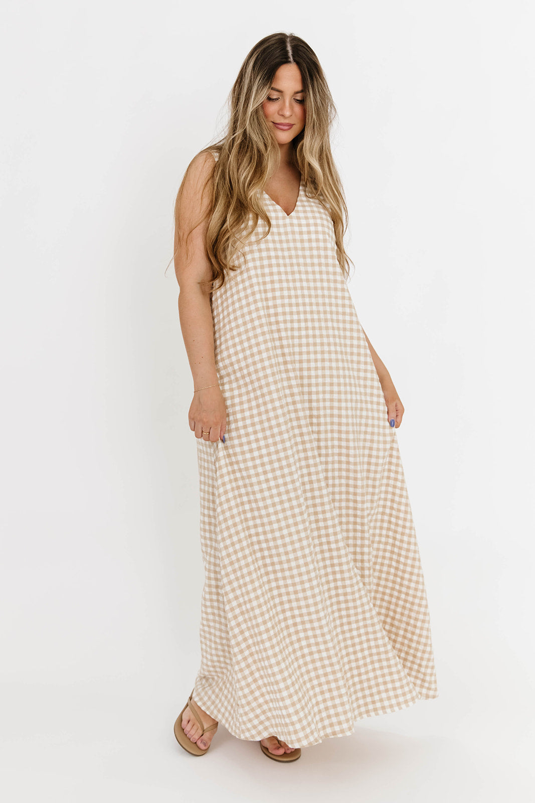 Ruthie Gingham Maxi Dress in Honey - Flowy Summer Dress for Women, Boho Chic Long Dress with Pockets, Perfect for Beach, Vacation & Outdoor Events