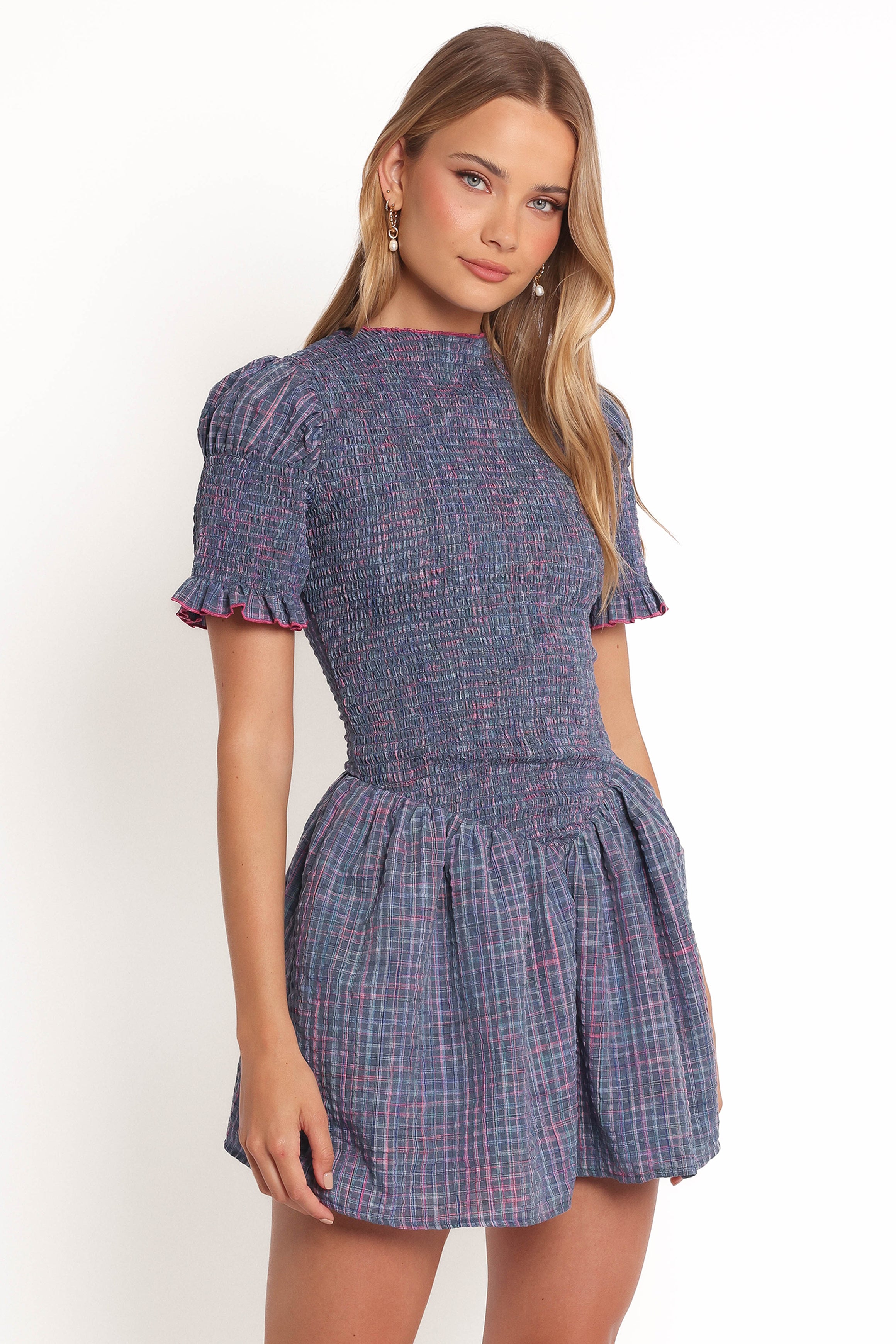 Celine Mini Dress - Navy Plaid Checkered Floral Print Women's Fashion Dress | Perfect for Parties, Dates & Casual Outings