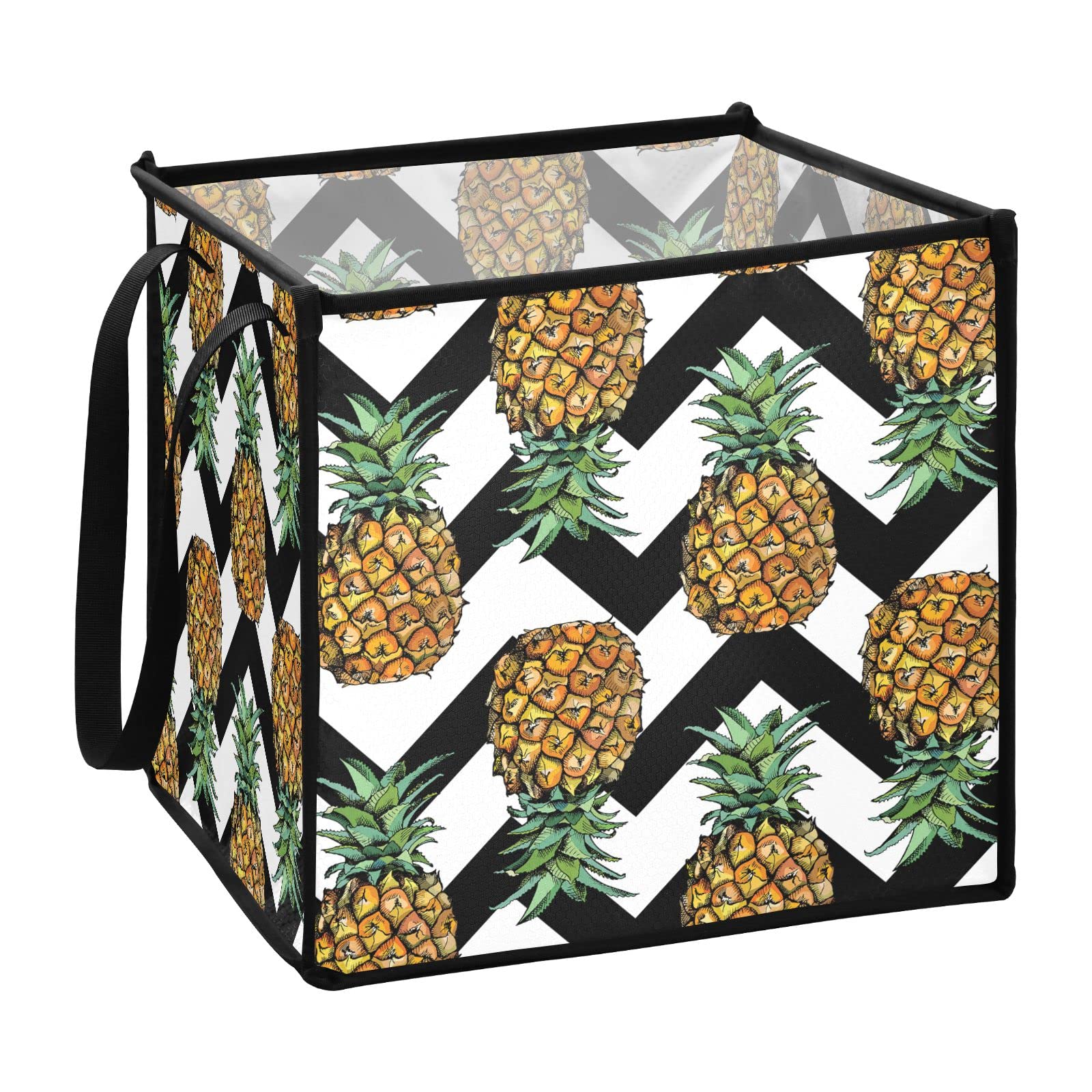 Collapsible Storage Bins with Handles - 13x13x13 Inch Seamless Pineapple & Chevron Pattern Fabric Cube Organizer for Toys, Nursery, Shelves & Closet | Perfect for Home Organization, Kids' Room & Closet Storage