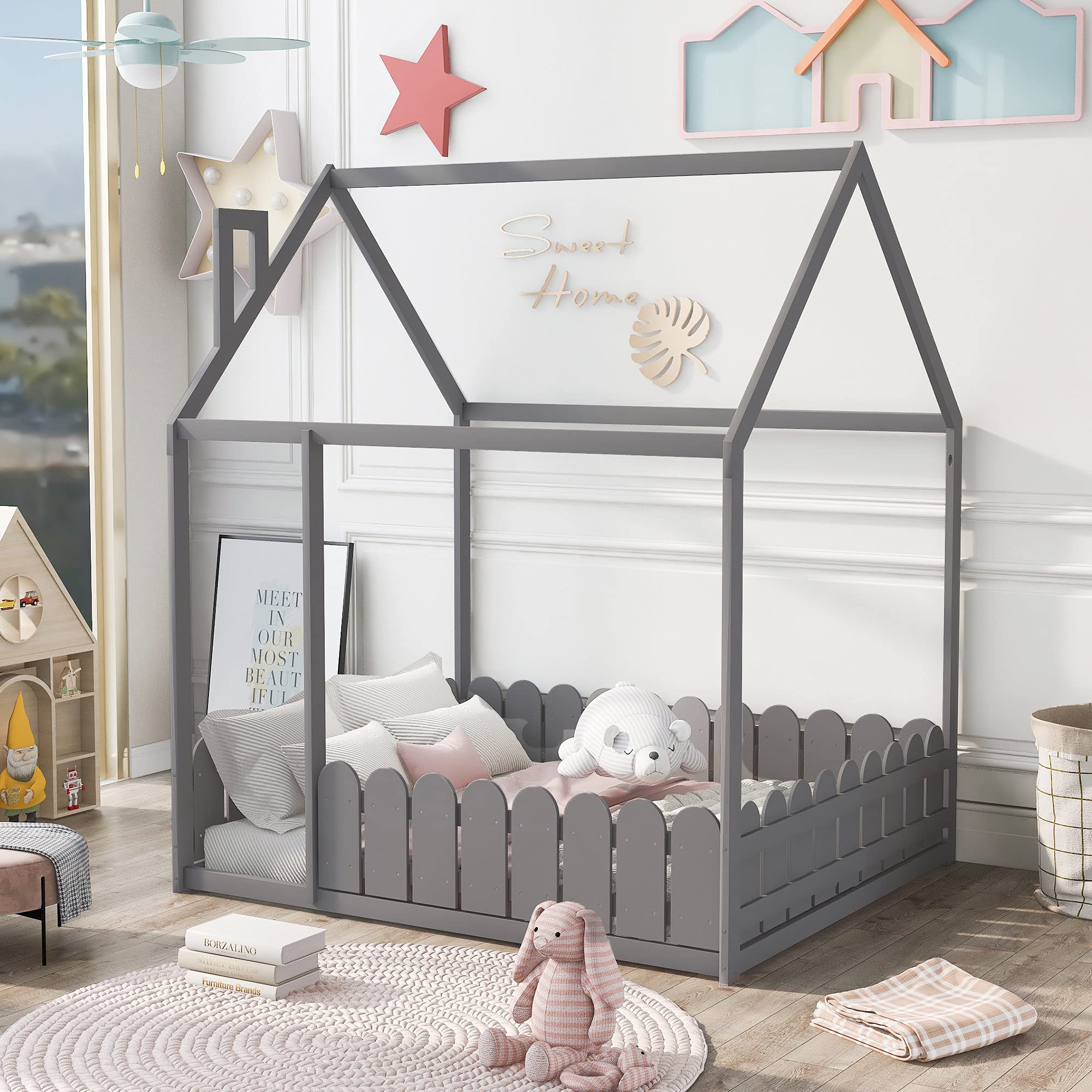 Kids House Bed with Fence-Shaped Guardrails - Twin Size Floor Bed for Toddlers, Teens, Boys & Girls - High Weight Capacity - Full Size Gray Bed Frame - Perfect for Bedrooms, Playrooms & Sleepovers