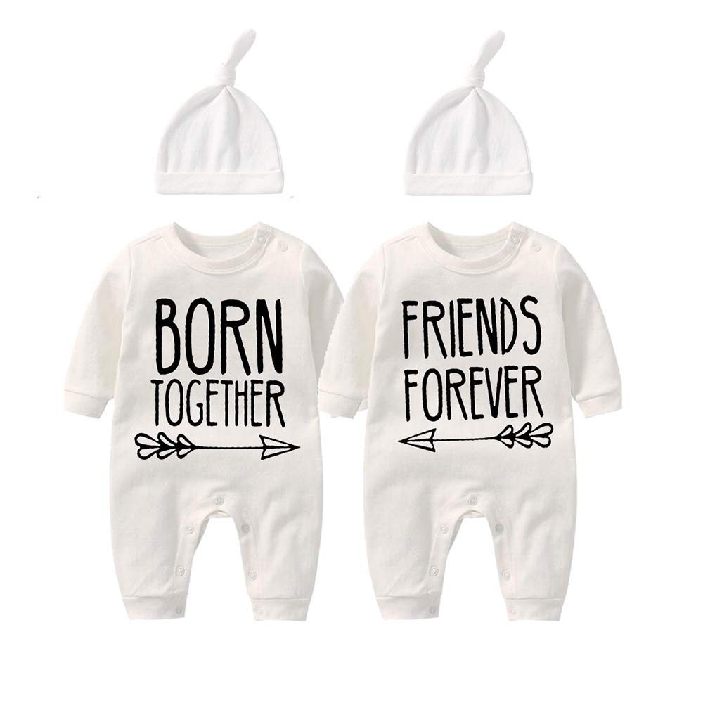 YSCULBUTOL Baby Twins Bodysuit with Hat - Matching Outfits for Twin Boys & Girls | Born Together Friends Forever | Newborn & Toddler Clothing Gift Set for Siblings