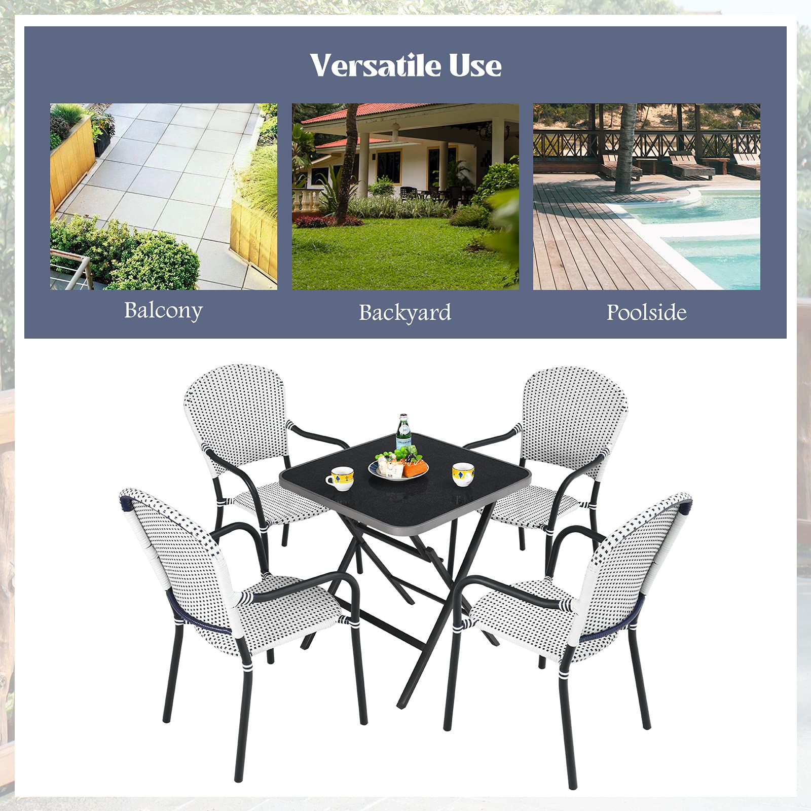 Tangkula 5-Piece Rattan Patio Dining Set - No Assembly Square Folding Table & 4 Stackable Chairs with Tempered Glass Top for Backyard, Garden, Poolside | Perfect for Outdoor Entertaining, Small Space Dining & Bistro Style Decor