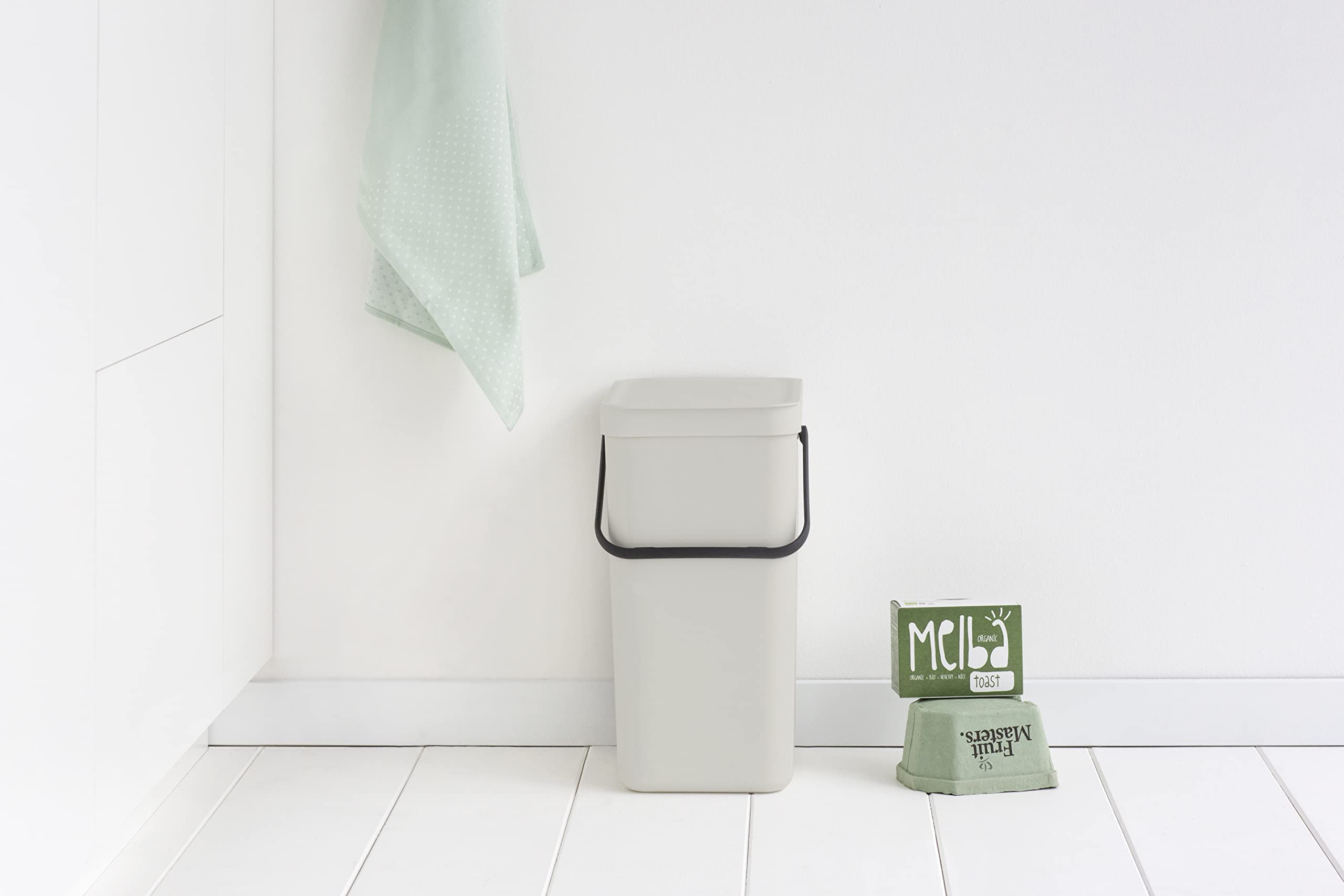 Brabantia Sort & Go 4.2 Gallon Kitchen Recycling Bin - Light Gray Stackable Trash Can with Handle & Removable Lid, Easy to Clean, Wall/Cupboard Mounting Hardware Included - Perfect for Waste Sorting in Small Kitchens & Eco-Friendly Homes