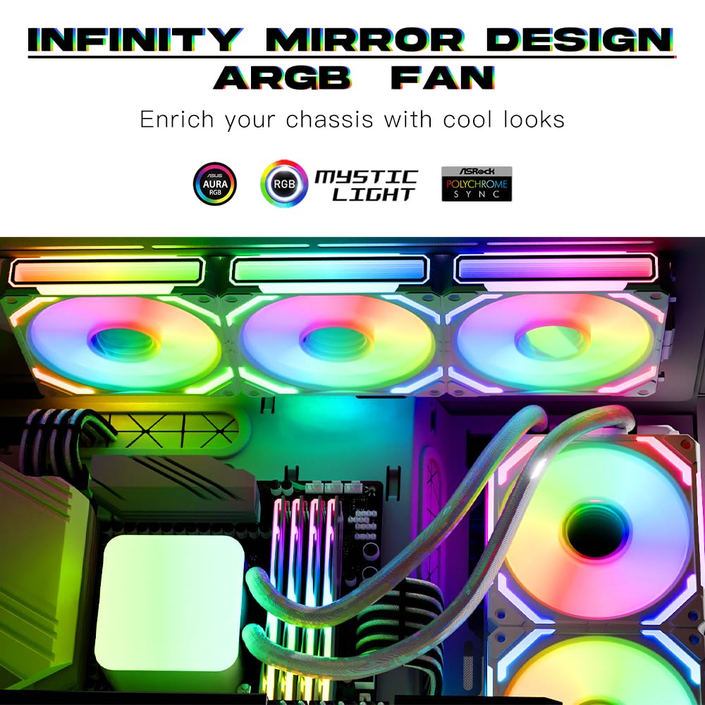 TZMRIT 120mm RGB PC Cooling Fan - Infinity Mirror Daisy Chain ARGB Triple Pack with Controller, Black | High Performance Case Fan for Gaming PC, Workstation & Home Office Setup