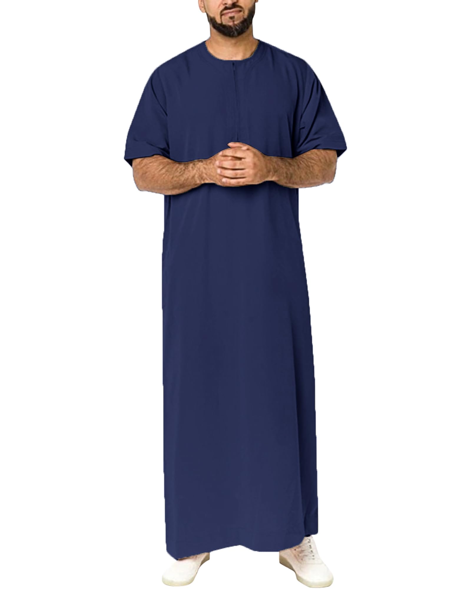 YAOHUOLE Men's Islamic Thobe - Short Sleeve Arabic Robe with Pocket - Comfortable Muslim Prayer Dress for Mosque & Daily Wear