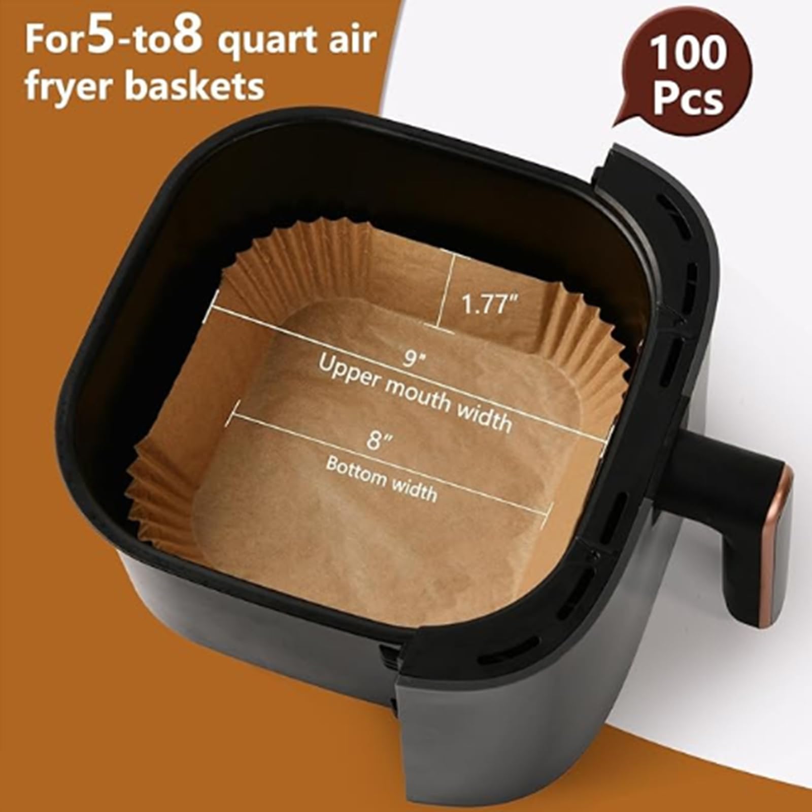 100Pcs 8-Inch Square Air Fryer Paper Liners - Non-Stick, Oil-Proof Parchment Sheets for 5-8 QT Air Fryers & Microwave Safe - Perfect for Healthy Cooking, Reheating & Baking Snacks