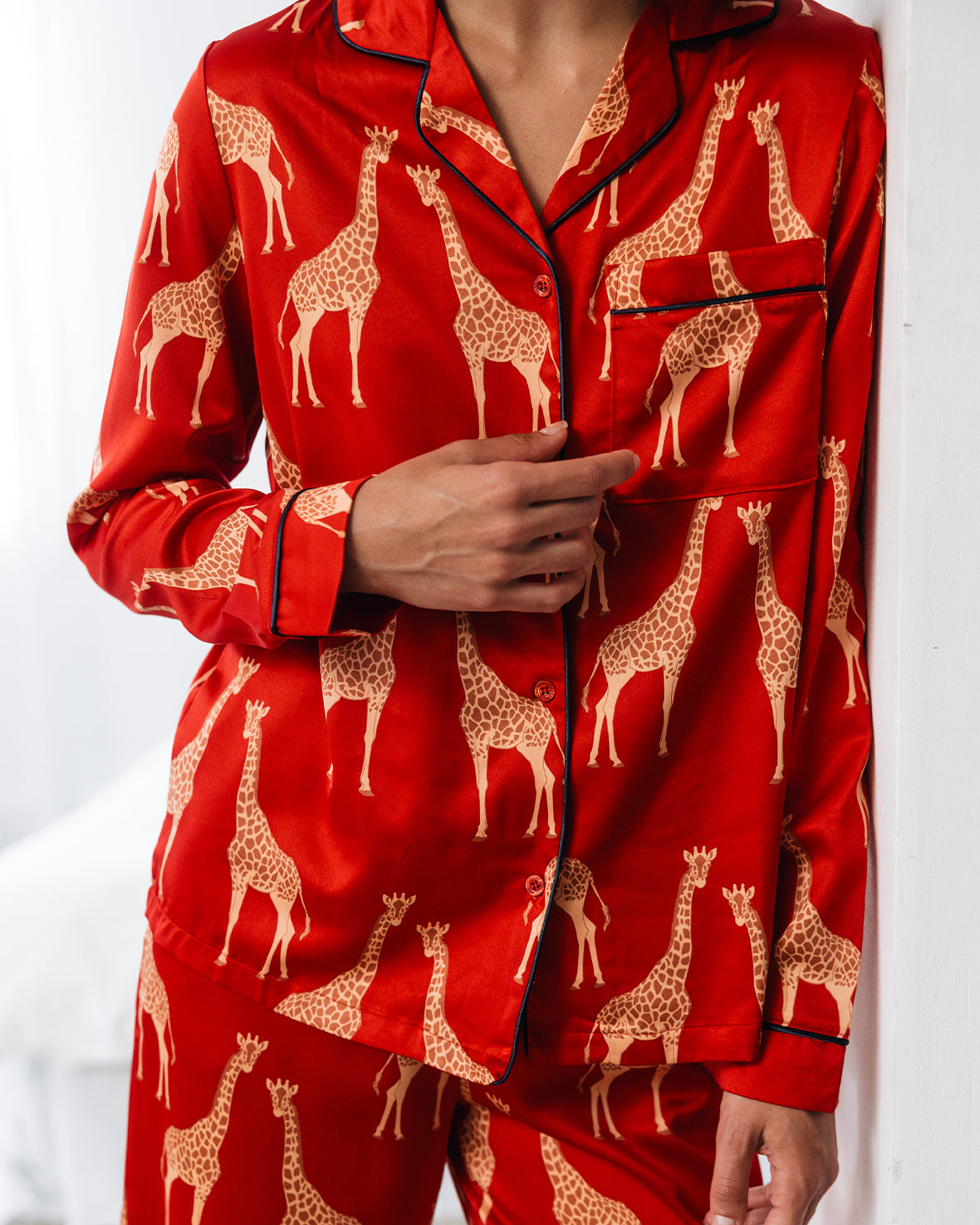 Elegant Red Satin Giraffe Print Long Pajama Set for Women - Soft & Comfortable Sleepwear for Lounge & Bedtime