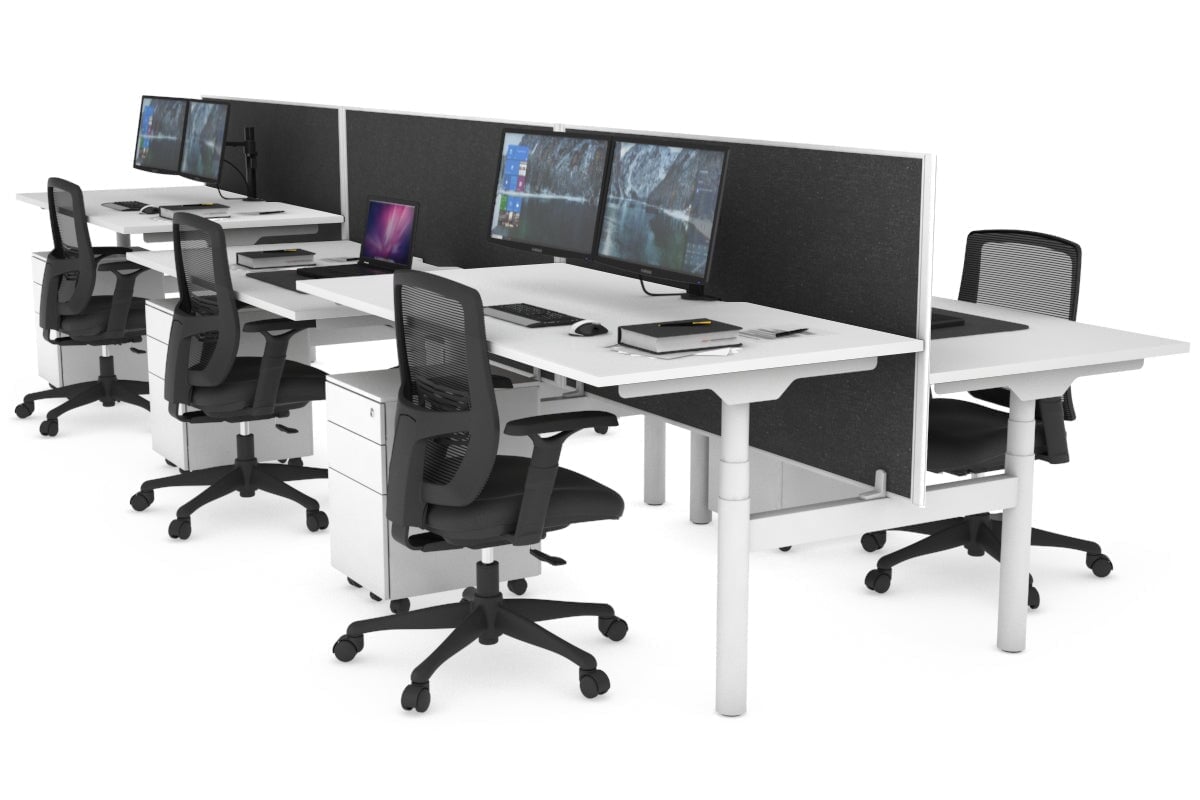 Flexi Premium Height Adjustable 6-Person Office Workbench | White Frame H-Shaped Desk [1400L x 800W with Cable Management] for Collaborative Workspaces & Open Office Environments