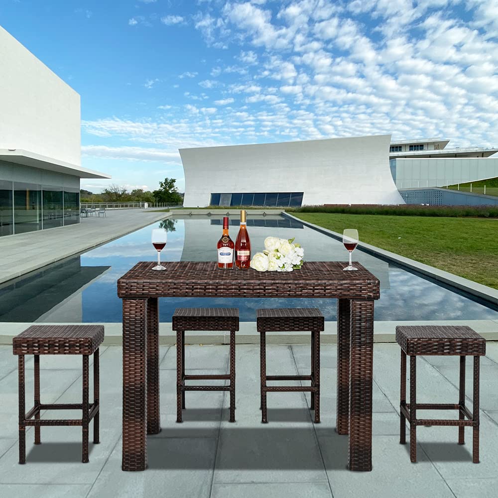 Henf 5-Piece Rattan Dining Set - Outdoor Wicker Bar Table with 4 Stools for Patio, Backyard, Porch, Garden & Poolside | Weather-Resistant Furniture for Outdoor Entertaining, BBQ Parties & Relaxing