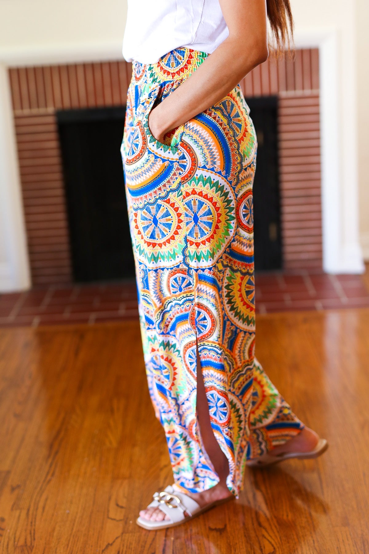 Stylish Multicolor Mandala Print Smocked Waist Palazzo Pants with Side Slits - Perfect for Yoga, Beach Vacations & Boho Fashion Outfits