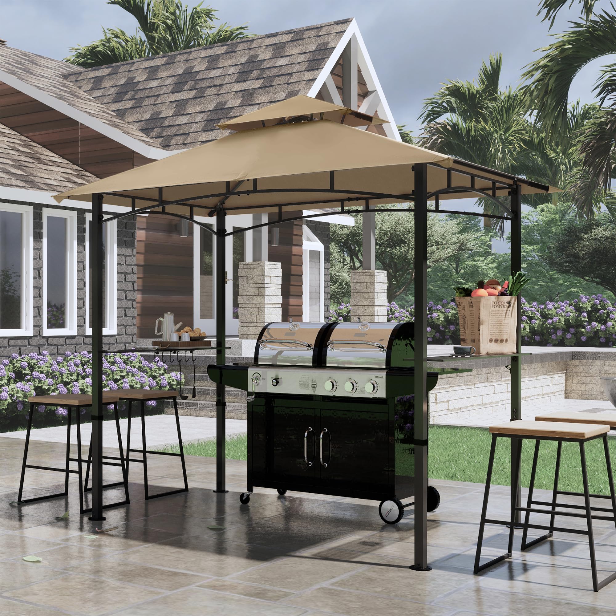 COOSHADE 8'x5' Outdoor BBQ Grill Gazebo with LED Lights - Double Tiered Canopy for Patio, Backyard & Camping (Khaki) | Perfect for Summer Cookouts, Garden Parties & Outdoor Dining