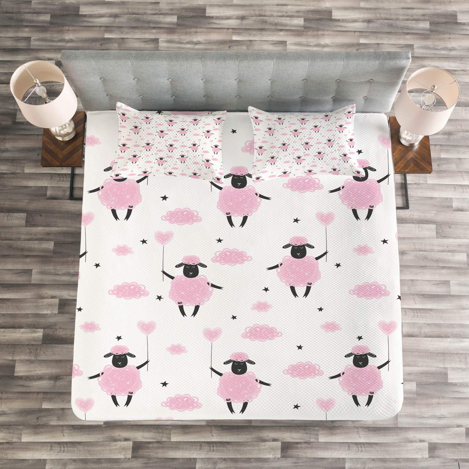 Lunarable King Size Sheep Bedspread Set - 3 Piece Cotton Candy Animal Fur Abstract Print Quilted Coverlet with 2 Pillow Shams, Soft White Pale Pink - Cozy Bedroom Decor for Modern Farmhouse & Bohemian Style Homes