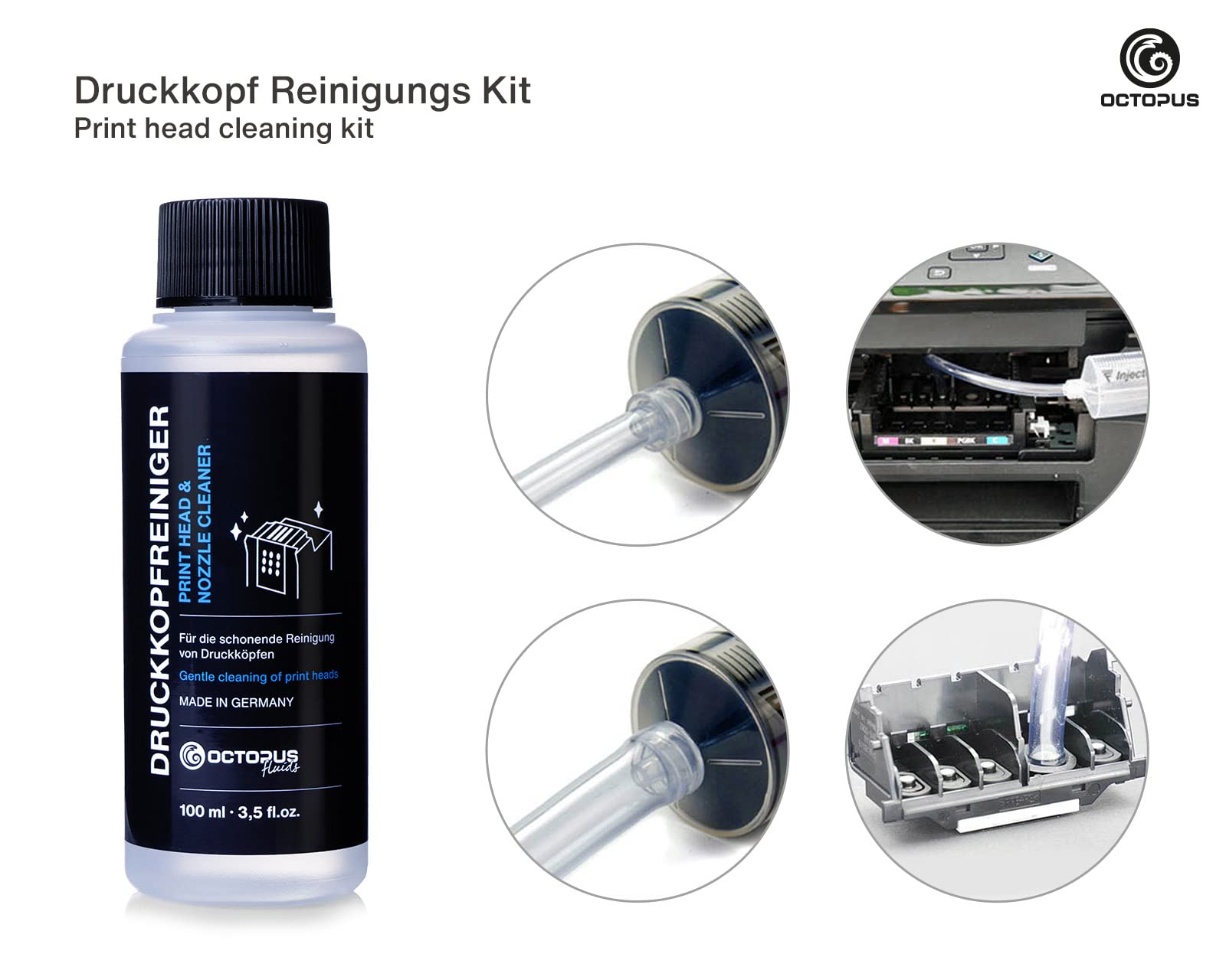 Octopus Nozzle Cleaner - Printhead Cleaner for Brother Printers with Hose Adapters (100ML) | Printer Maintenance Solution for Home & Office Use