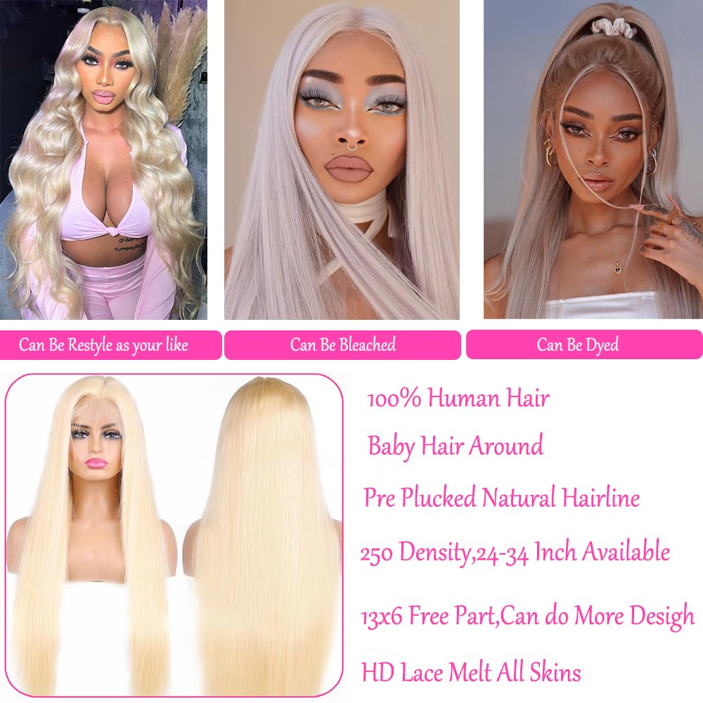 613 Blonde 13x6 Lace Front Wig Human Hair - 250 Density Straight Lace Frontal Wig with Pre-Plucked Hairline & Baby Hair (28 Inch) - Perfect for Cosplay, Daily Wear & Special Occasions
