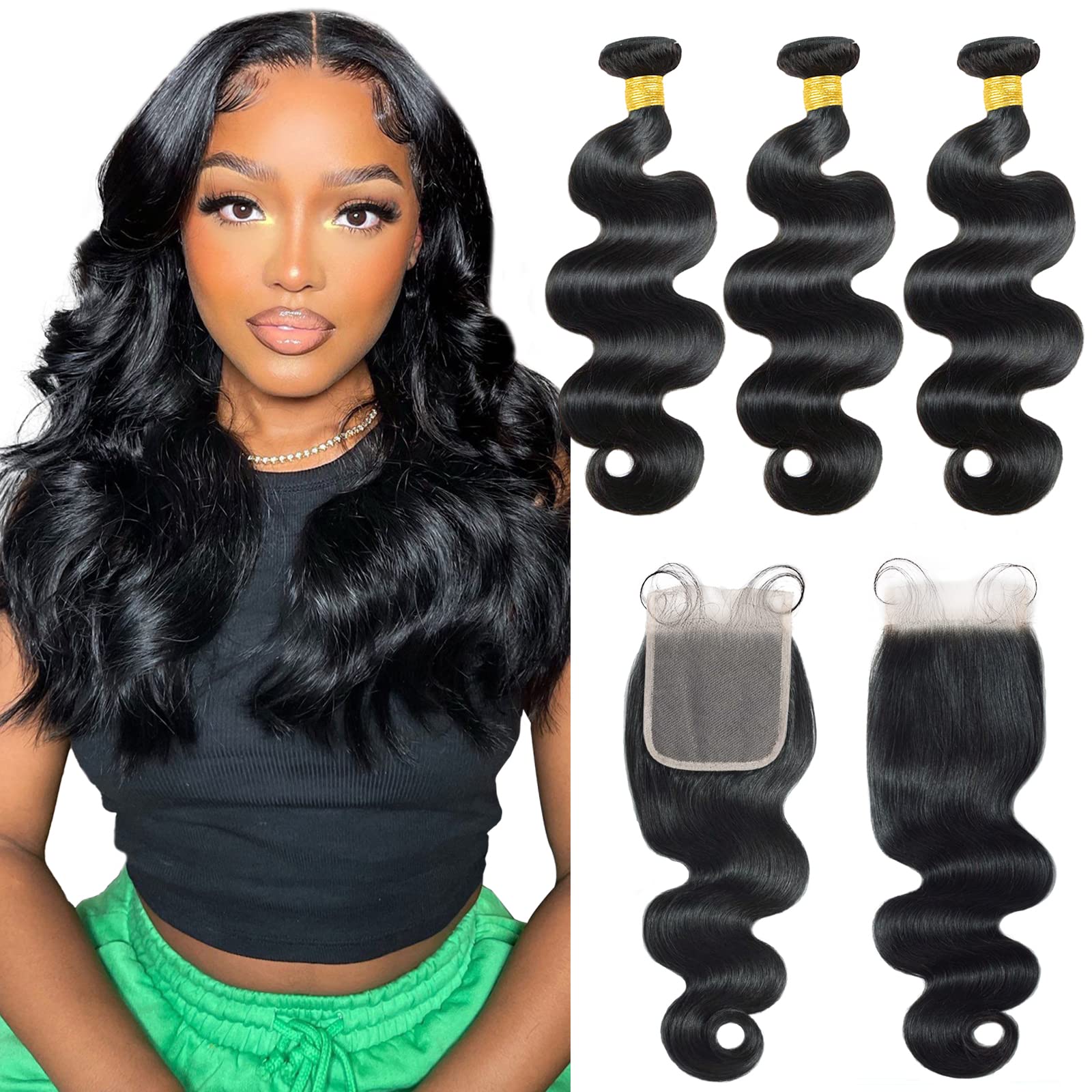 16 18 20+14 Inch Brazilian Virgin Human Hair Bundles with 4x4 Lace Closure | 100% Unprocessed Body Wave Bundles | Natural Black Hair for Weave, Wig Making & Styling | Perfect for Daily Wear, Parties & Special Occasions