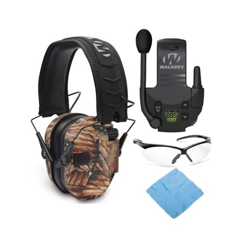 Walker's Razor Slim Electronic Shooting Earmuffs - Noise Cancelling Hearing Protection with Walkie Talkie & Safety Glasses Bundle - Perfect for Hunting, Shooting Range & Outdoor Activities