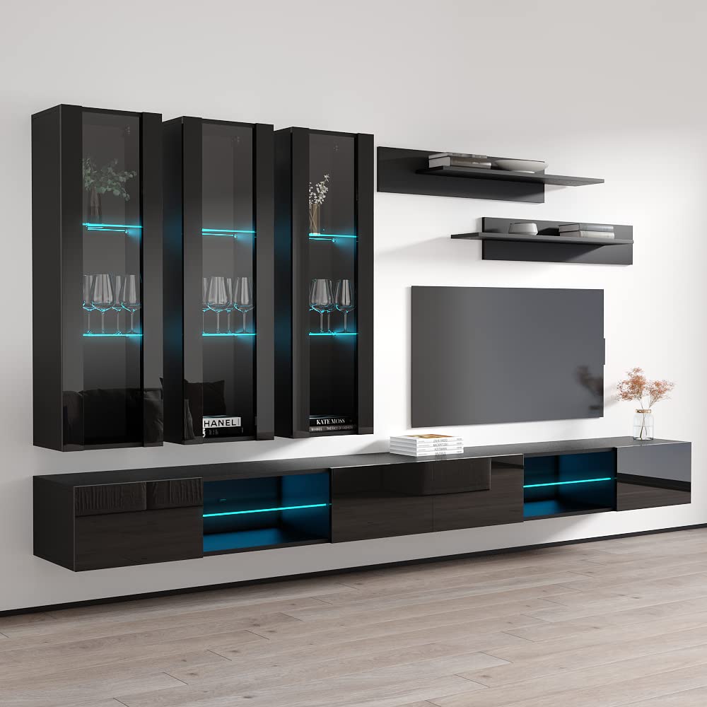 Modern Floating TV Stand with Storage & LED Lights - Wall-Mounted Entertainment Center for Bedroom & Living Room - Meble E3 33