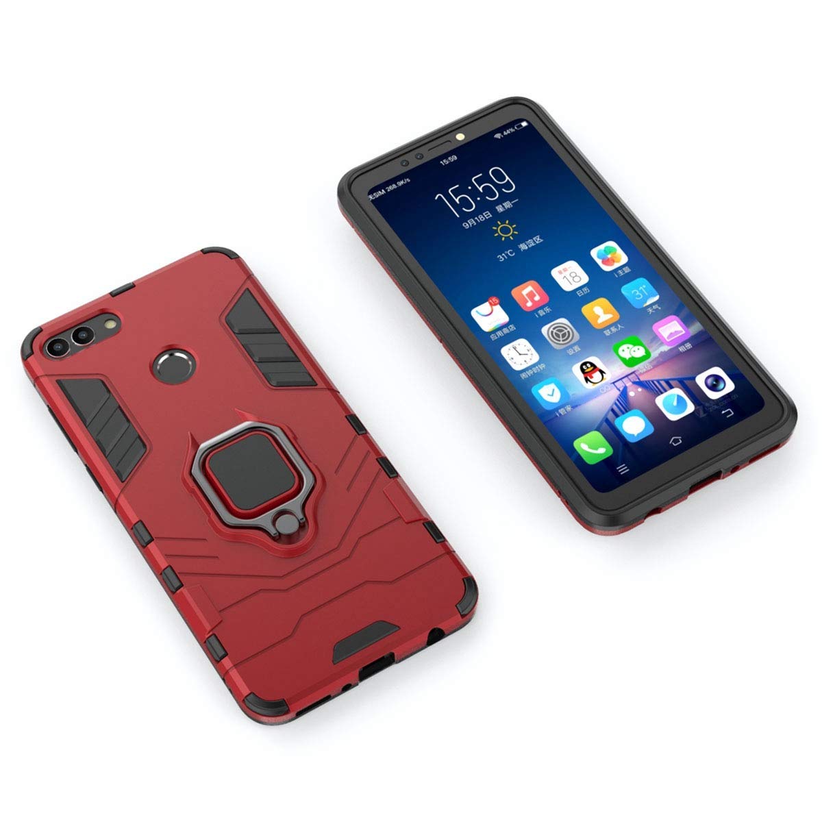 LuluMain Huawei Y9 (2018) Case with Metal Ring & Kickstand - Shockproof Hard Bumper Dual Layer Rugged Cover (Red) - Compatible with Magnetic Car Mount - Perfect for Daily Use, Travel & Outdoor Activities