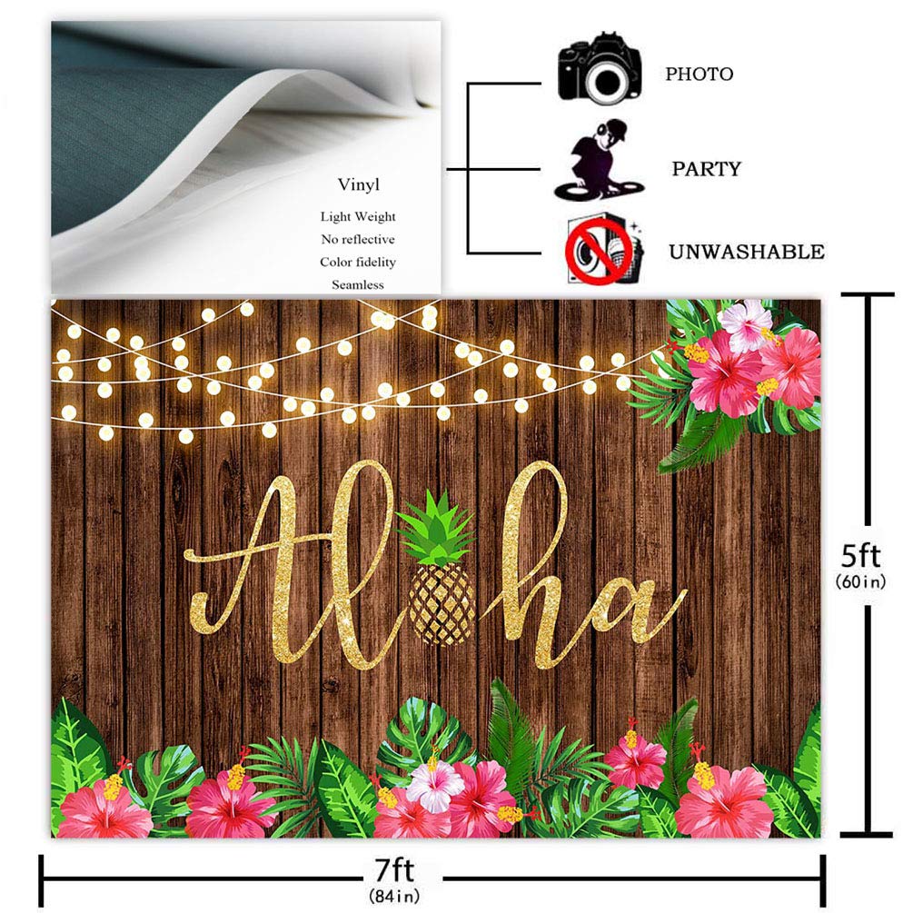 7x5ft Aloha Party Backdrop - Tropical Wood Leaves & Flower Hawaiian Luau Decor for Kids Birthday, Baby Shower & Photo Booth - Perfect for Hawaiian Themed Parties, Luau Events & Tropical Celebrations