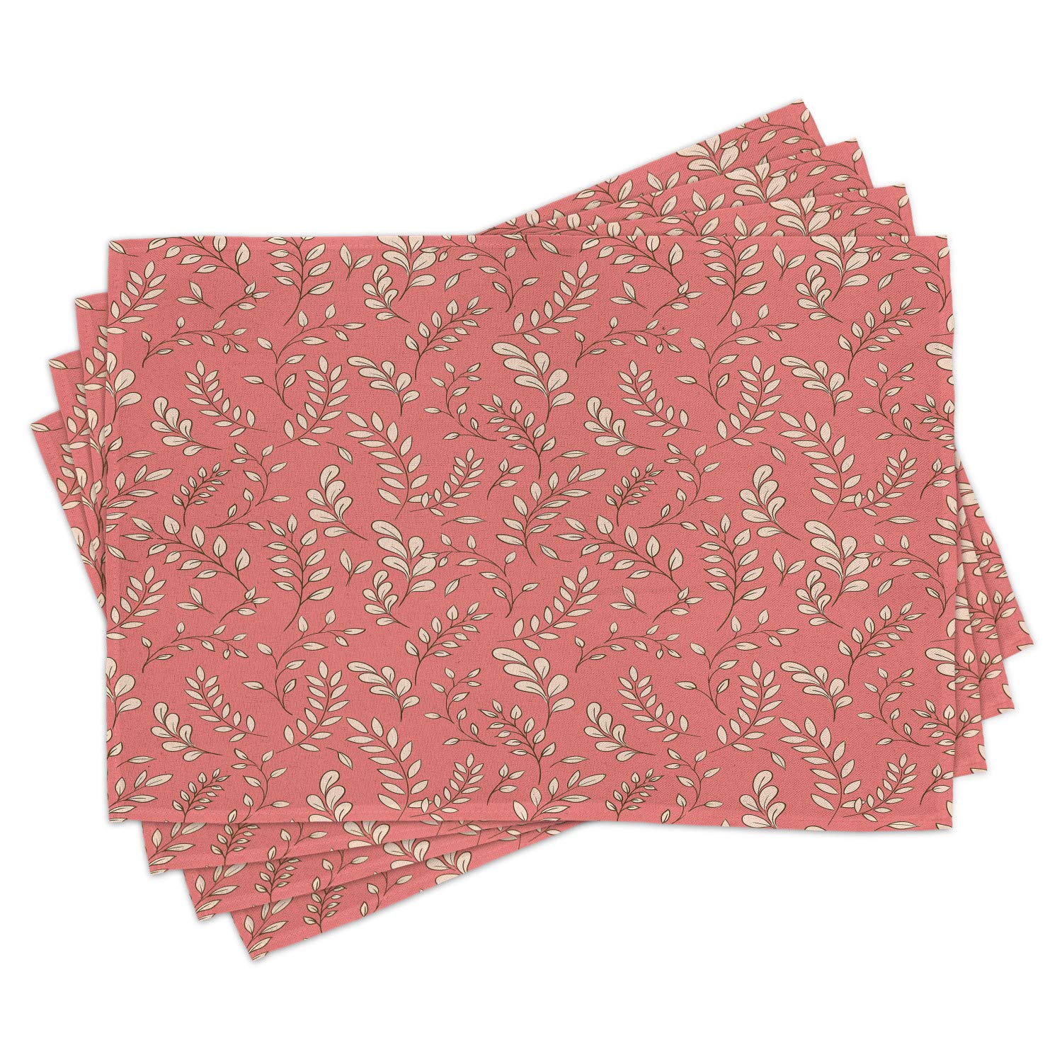 Ambesonne 4-Piece Coral Place Mats Set - Botanical Leaves & Twigs Design, Washable Fabric for Dining Room & Kitchen Table Decor in Coral, Peach, Black | Perfect for Seasonal Nature-Themed Dinner Parties & Home Decor