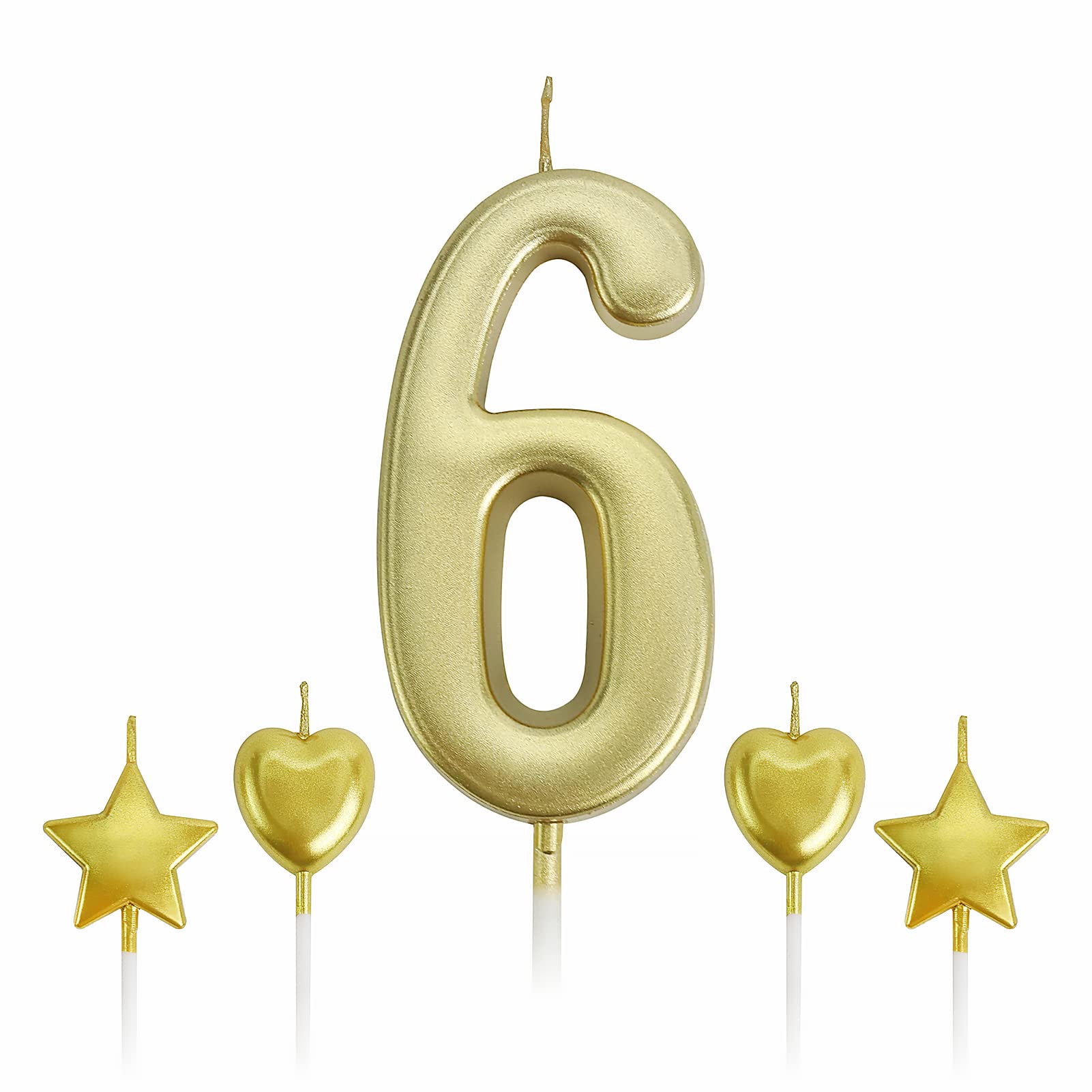6 Gold Birthday Candles for Cake - Kids & Adults Party Decor