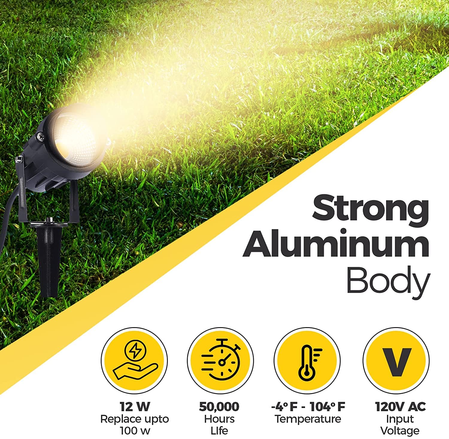 6 Pack LED Outdoor Landscape Spotlights - 120V AC Waterproof Garden Lights with Spiked Stake for Yard, Patio, Lawn, Wall & Driveway - Warm White Flood Lighting (US 3-Plug) - Perfect for Flag Lighting, Pathway Illumination & Security Lighting