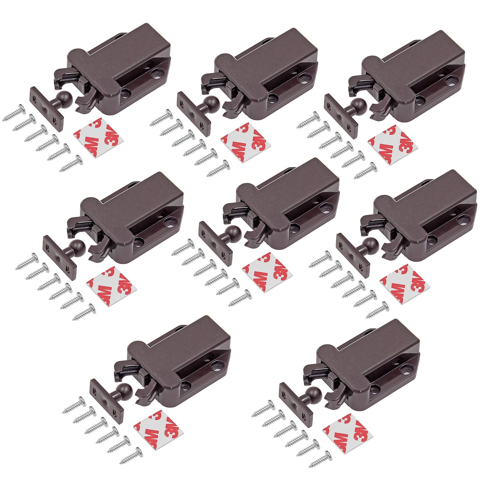 8 Pack Push Latch Cabinet Lock - Self-Locking Rebound Mechanism with Automatic Pop-Up Function, Prevents Door Sliding, Hidden Brown Lock for Kitchen Cabinets, Wardrobes & Furniture Doors