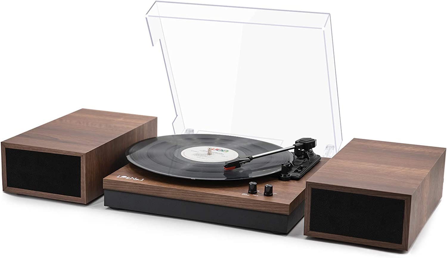 Vintage Record Player with Dual External Speakers - Wireless Turntable with RCA Output & Bluetooth Input - Walnut Wood Retro Vinyl Player for Home, Office & Party Use