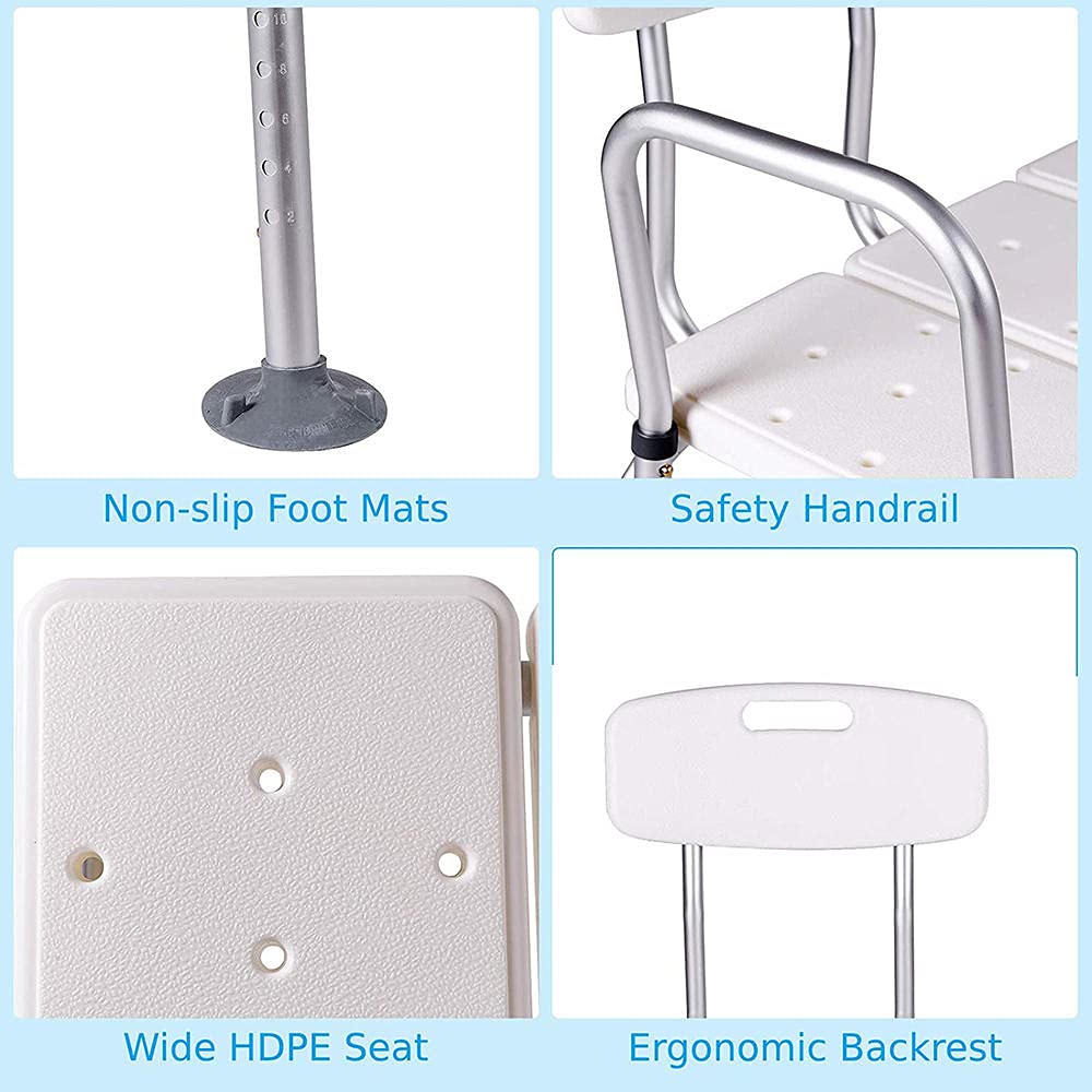 Adjustable Aluminum Alloy Shower Transfer Bench with Backrest - 3 Blow Molding Plates, Non-Slip Shower Chair for Elderly & Disabled - White | Bathroom Safety for Seniors, Post-Surgery Recovery & Accessible Showering