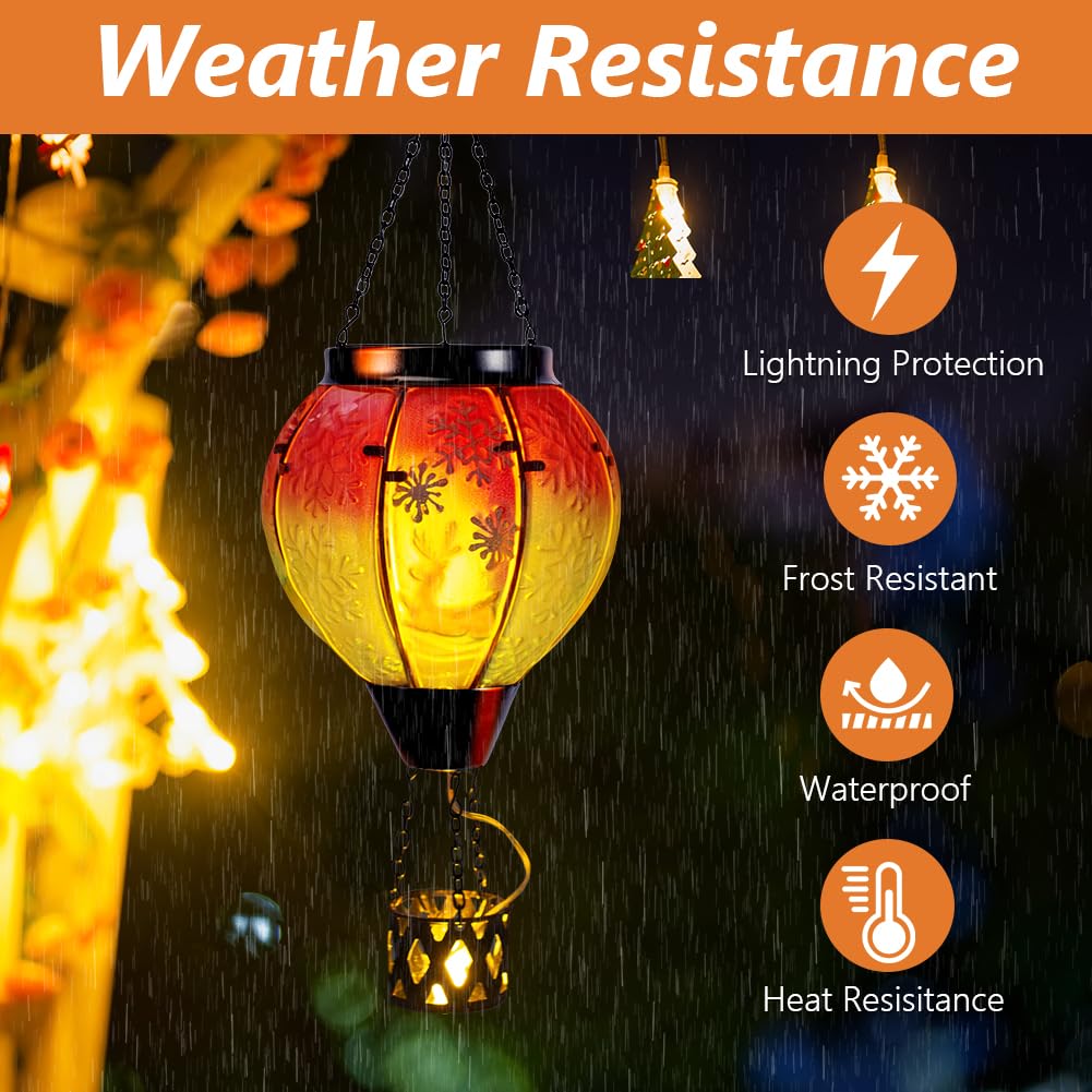 Solar Powered Hanging Lantern - Hot Air Balloon & Deer Design Outdoor Christmas Decor for Porch, Patio, Garden - Weatherproof LED Solar Light for Holiday & Party Decoration