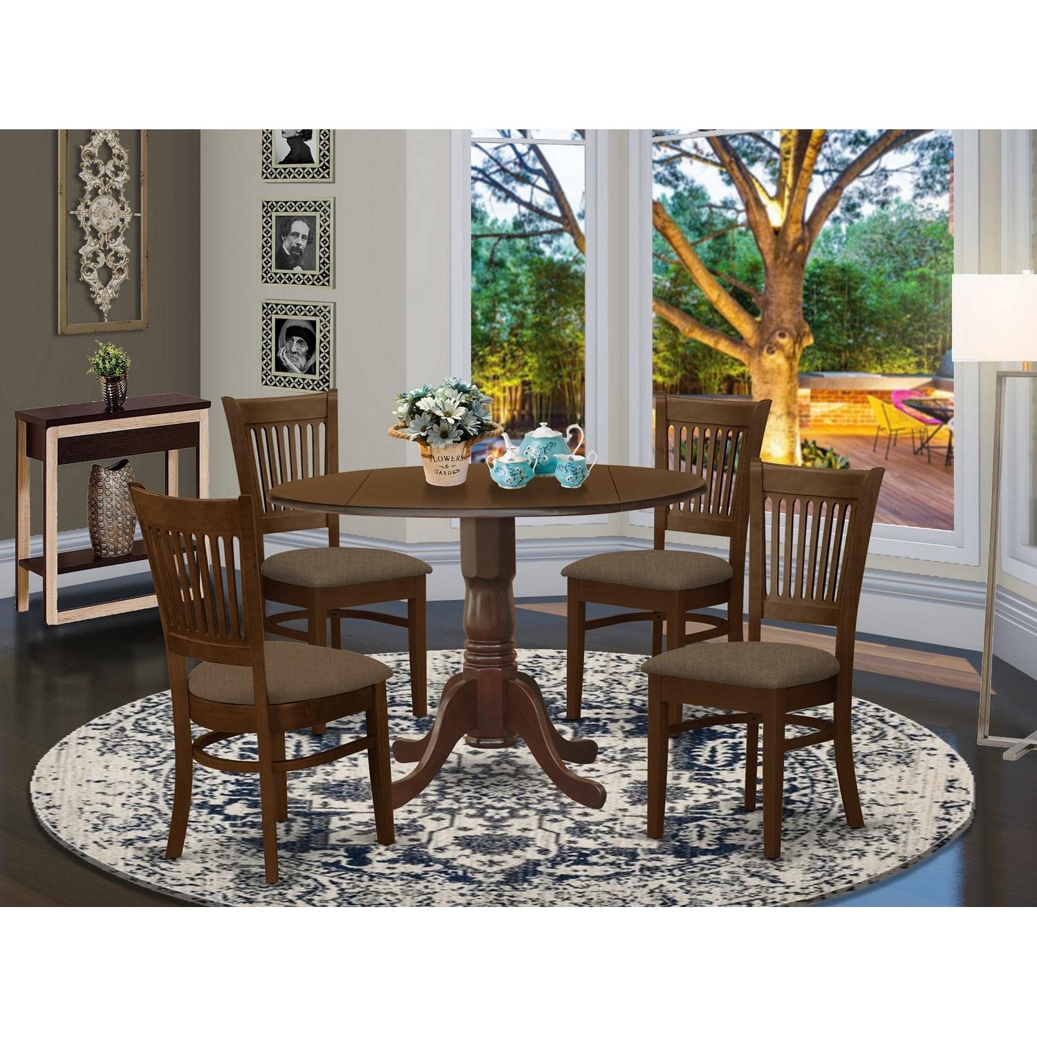 East West Furniture DLVA5-ESP-C 5-Piece Round Dining Set with Drop Leaf Table & 4 Upholstered Chairs, 42x42 Inch, Espresso - Perfect for Small Spaces, Breakfast Nooks & Cozy Apartment Dining