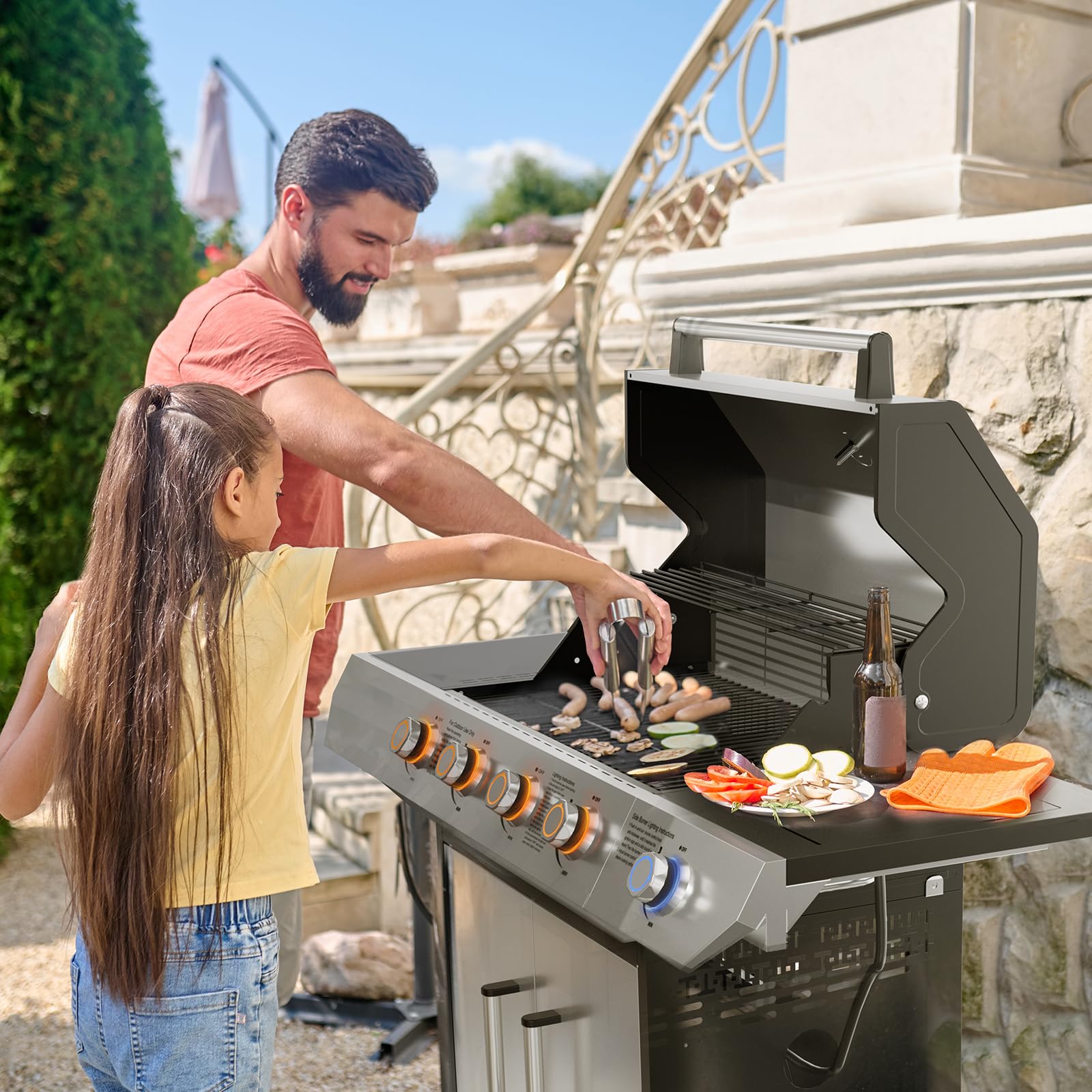 SKOK 4-Burner Stainless Steel Propane Gas Grill with Side Burner - 60,000 BTU BBQ Grill with Porcelain-Enameled Cast Iron Grates, 629 Sq.In Grilling Area - Perfect for Backyard BBQs, Tailgating & Outdoor Cooking Parties