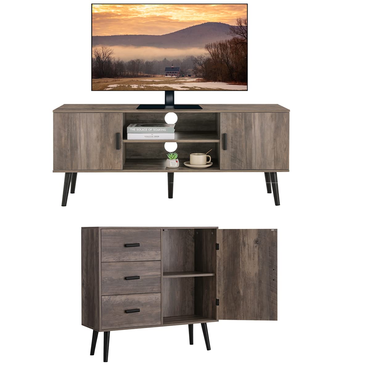 IWELL Large Storage Cabinet and TV Stand Set for 55 Inch TV - Modern Living Room, Kitchen & Bedroom Furniture with Ample Storage Space - Perfect for Home Organization and Entertainment Setup